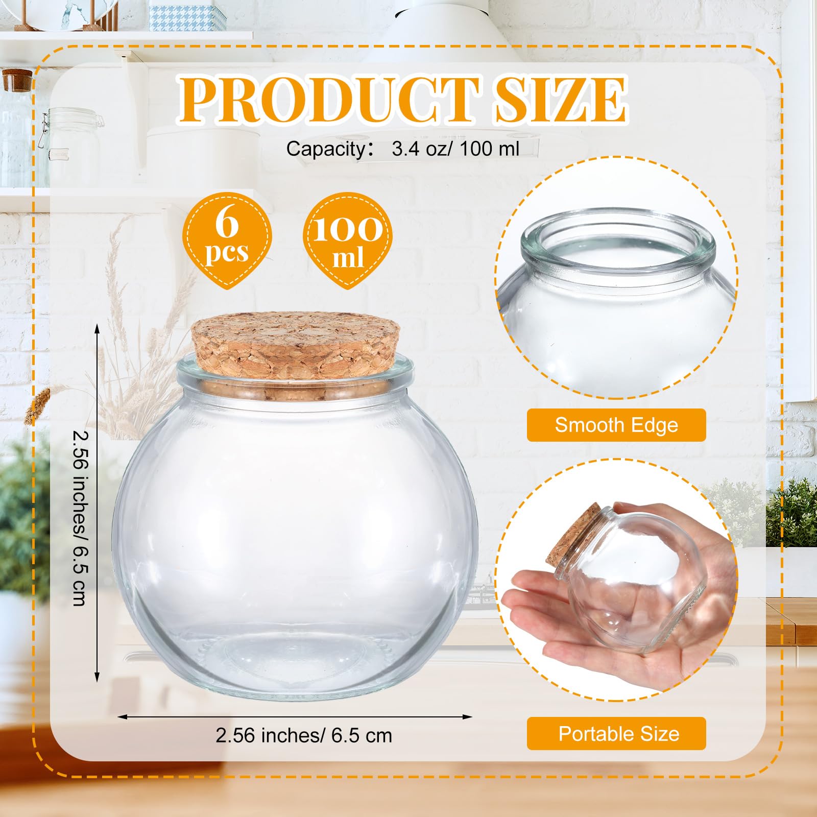 Havawish 6 Pcs Small Glass Bottles with Cork Stoppers 3.4 oz Round Decorative Glass Jar with Lid Clear Spherical Jars Message Wish Bottle for DIY Message Party Favors