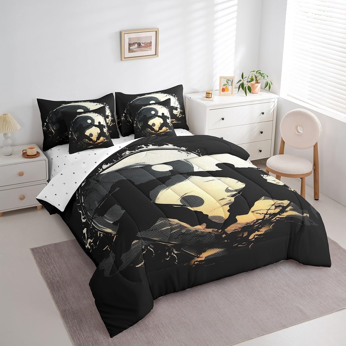 Feelyou Samurai Comforter Set 7 Pieces Queen Size Yin Yang Bedding Set Decor Japanese Samurai Sports Martial Art Japanese Ukiyoe Bed in a Bag Boho Trippy Bed Set with Comforter, Sheet Set, Pillowcases