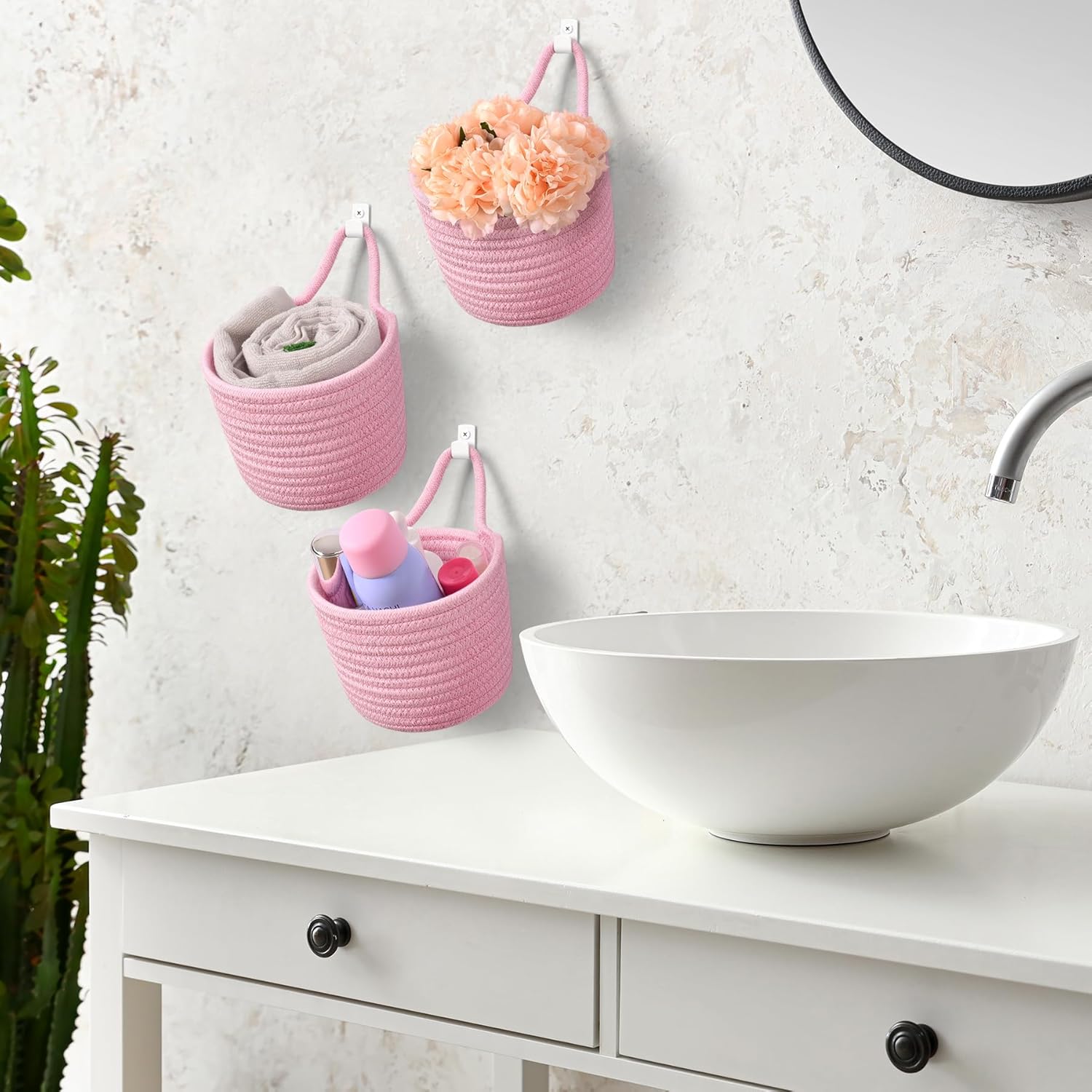 Fabric Wall Hanging Baskets - 3Pack Woven Pouchs Boho Style Wall Mounted Bag with Adhesive Hooks, Storage Organizers and Decoration Pocket Caddy Bins on Door Rack (Bright Pink & White, Large) - Image 8