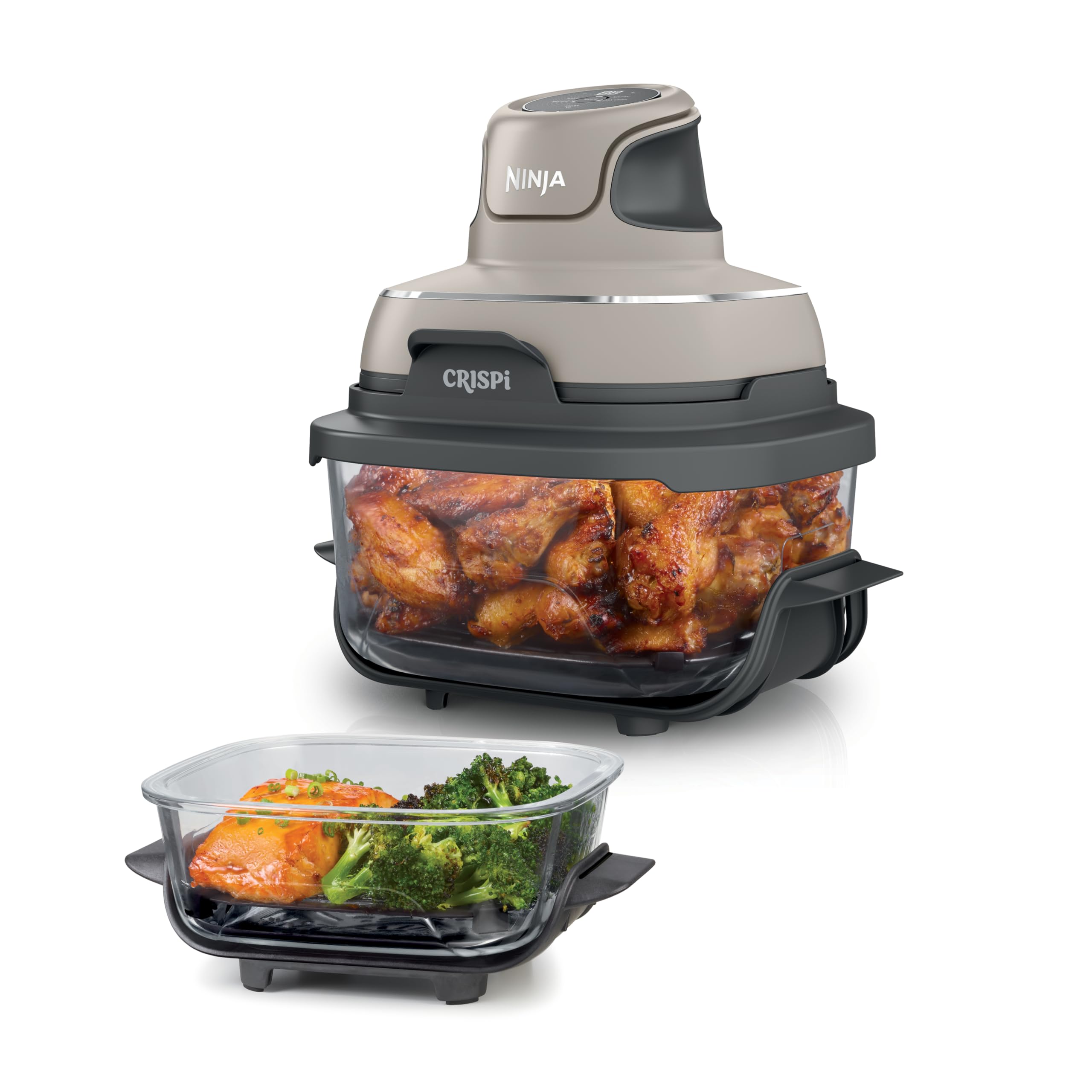 Ninja CRISPi Tragbare Air Fryer Heißluftfritteuse, 3,8 l, 4-in-1: Heißluftfrittieren, Braten, Warmhalten, Recrisp, Kompakt, 6 Portionen, 2 Herausnehmbare Glasbehälter & Deckel, 1700W, Stein FN101EUST