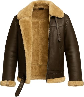 Mens RAF B3 Aviator Bomber Leather Jacket - WW2 Faux Fur Shearling Lambskin Brown Leather Jacket for Mens