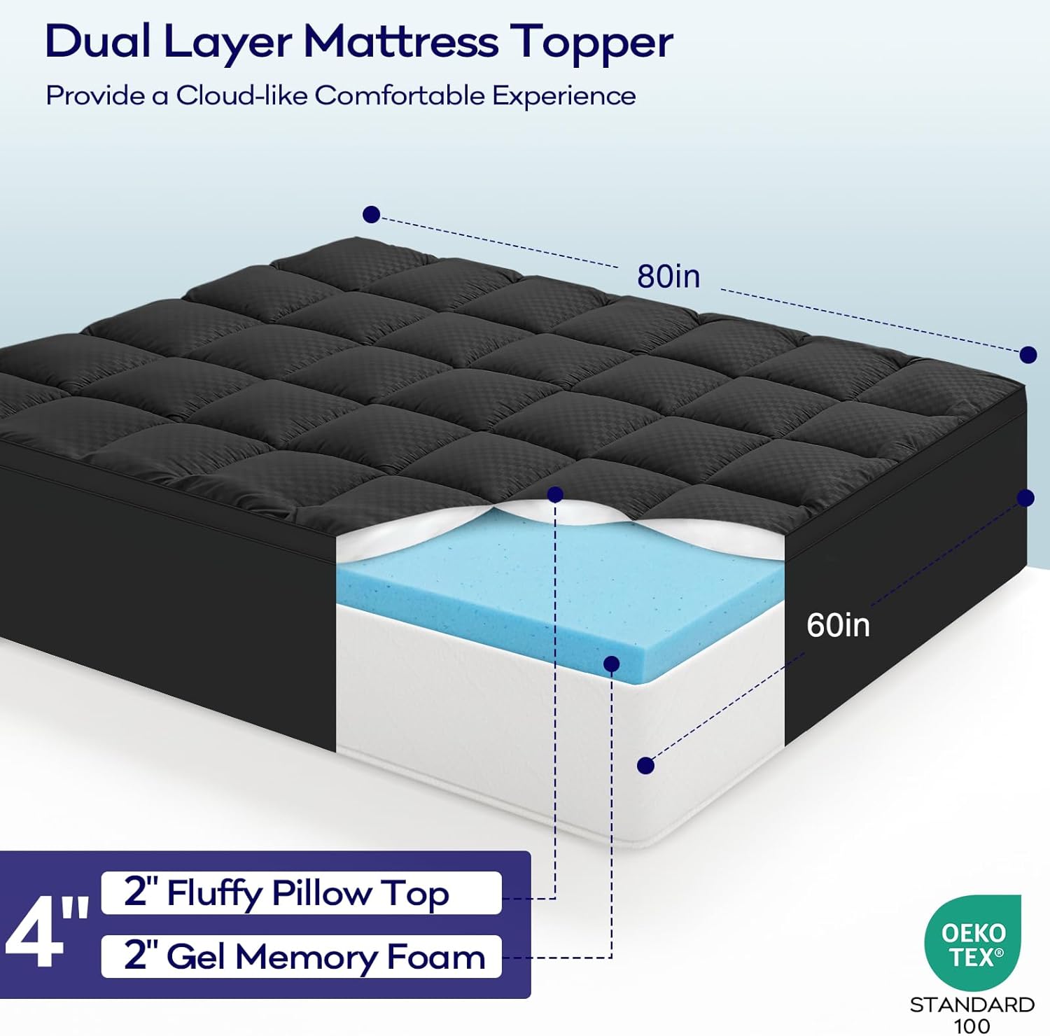 olanly dual-layer 4 inch queen size memory foam mattress topper for back pain, 2 inch cooling pillow top mattress pad cover and 2 inch gel memory foam topper, deep elastic pocket, black black queen