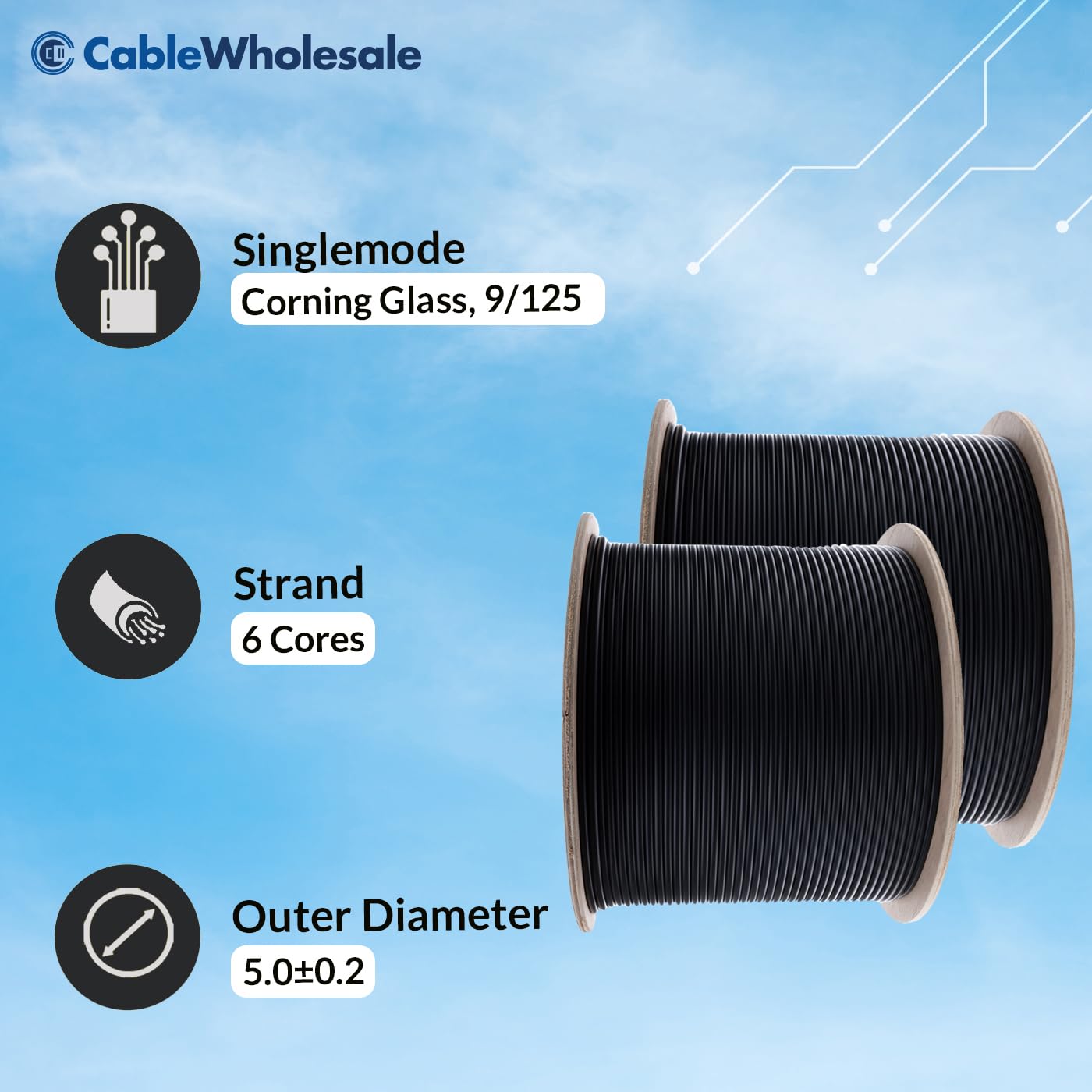 CableWholesale 6-Strand Indoor/Outdoor Fiber Optic Cable, OS2 9/125 Singlemode, Riser Rated, Black, 1000ft
