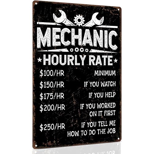 ALKB Mechanic Decor for Man Cave, Garage Accessories Mechanic Gifts Tool Wall Decor Mechanic Hourly Rate Metal Sign 8x12 Inch