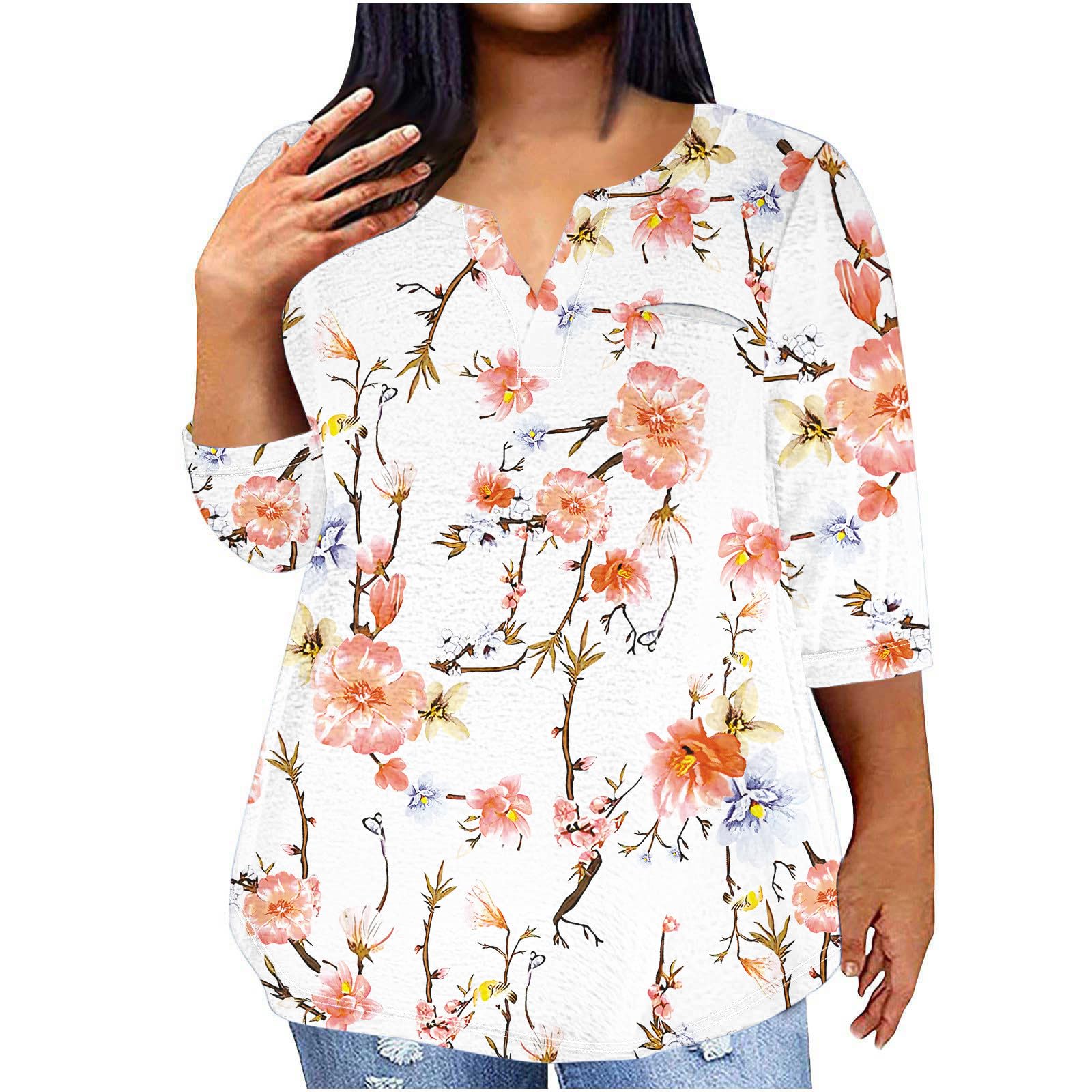 HAOLEI Camiseta Mujer de Manga 3/4,Camisetas Mujer con Cuello en Redondo Casual Señoras Pullover Tops Blusas Mujer Verano 2024 Estampado Floral Camisetas Casual Tallas Grandes Blusa