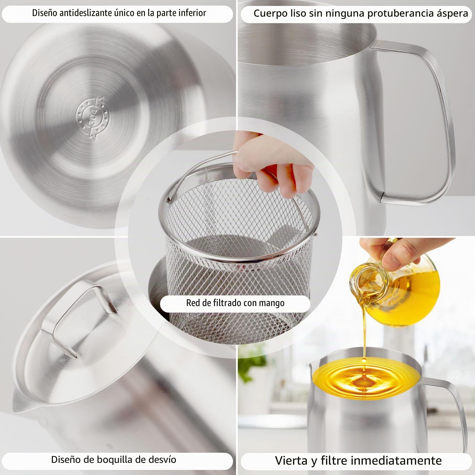 2L Olla Freidora con Filtro de Aceite, Filtro Aceite Cocina de Acero Inoxidable con Colador Fino y Grasera Aceite Usado, Colador-Aceite para Almacenamiento de Aceite Freír