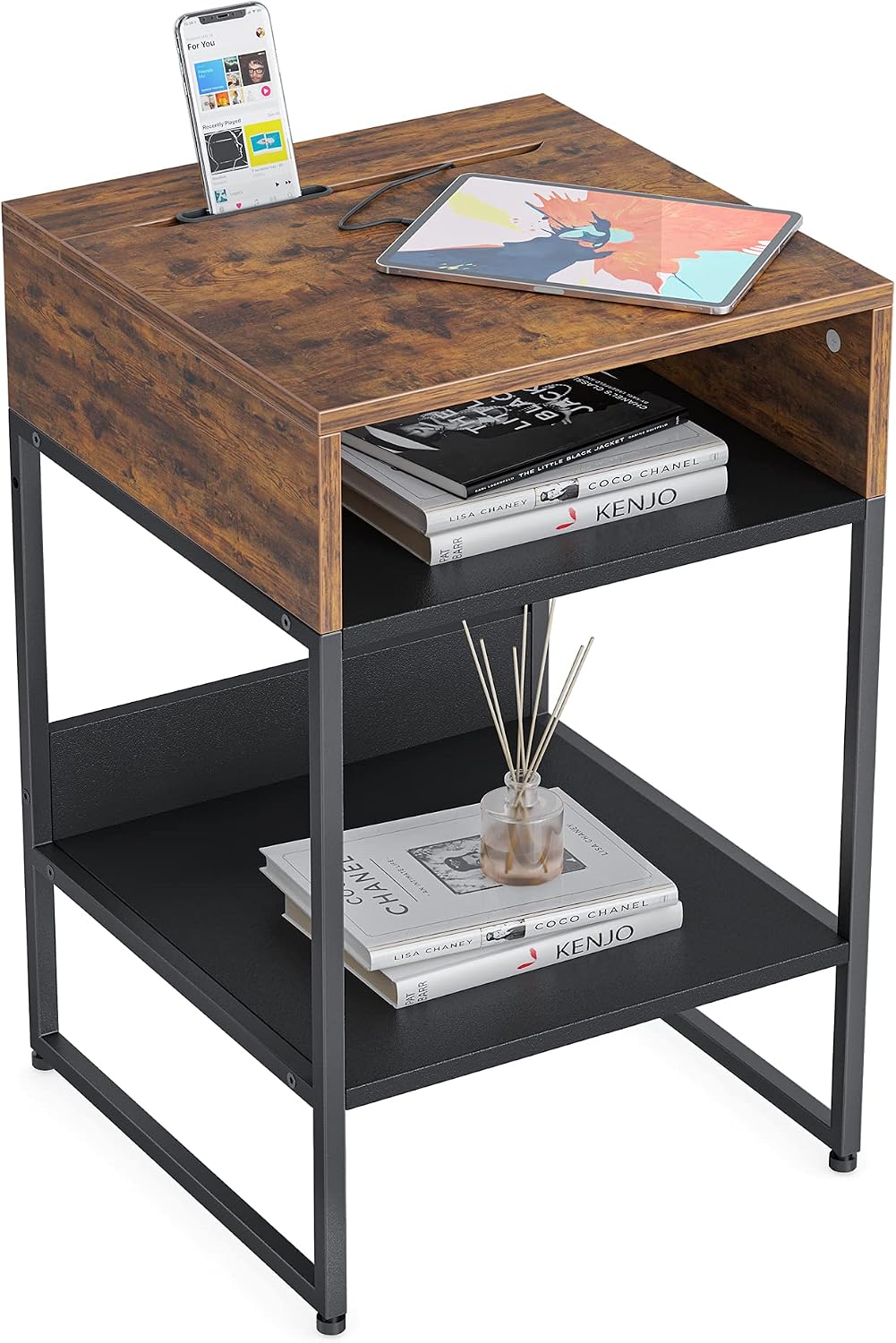 CubiCubi Side Table with Storage Compartment, Small End Table, Rustic File Cabinet, Cable Management, Nightstand Living Room Bedroom, Rustic Brown