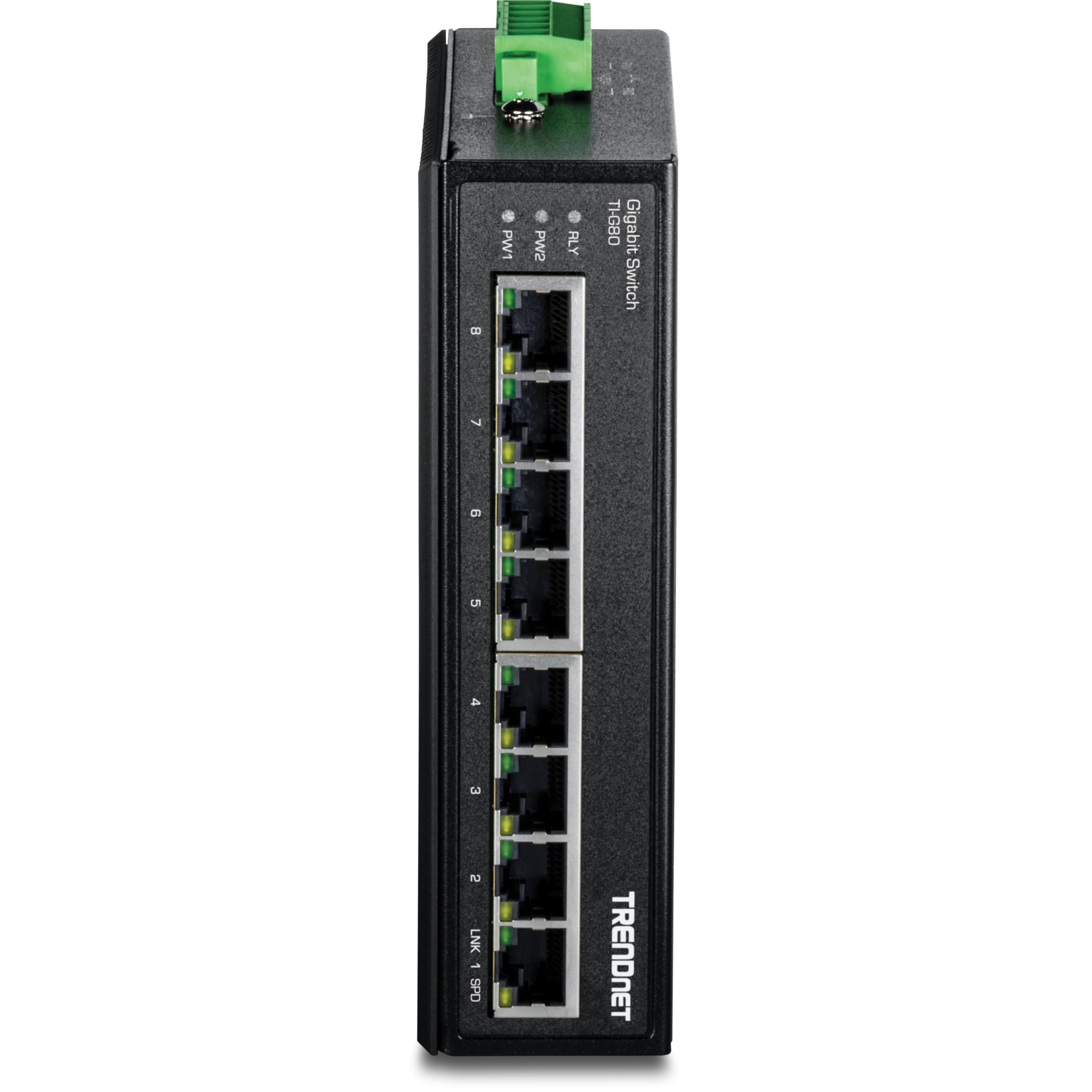 TRENDnet, TI-G80, Switch DIN-Rail Industrial Ethernet Gigabit de 8 Puertos, Divisor Ethernet de 16 Gbps, clasificación IP30, Negro | 8 puertos Gigabit Ethernet, IP50, capacidad de conmutación de 16 Gbps, cumple con NDAA-TAA, protección de por vida