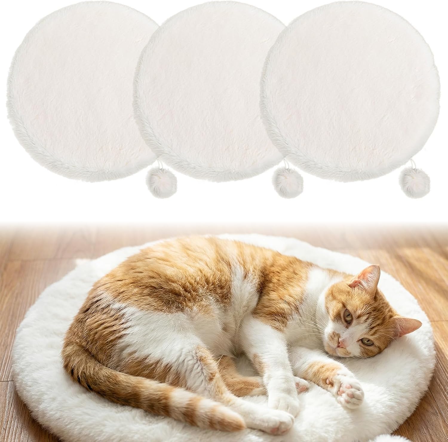 3-Pack 14" Round Pet Beds Faux Rabbit Fur Washable Cat Dog Bed Cushion Pad Mat, Replacement for Cat Tree Tower, Window Perch, Carrier, Crate, Kennel, White