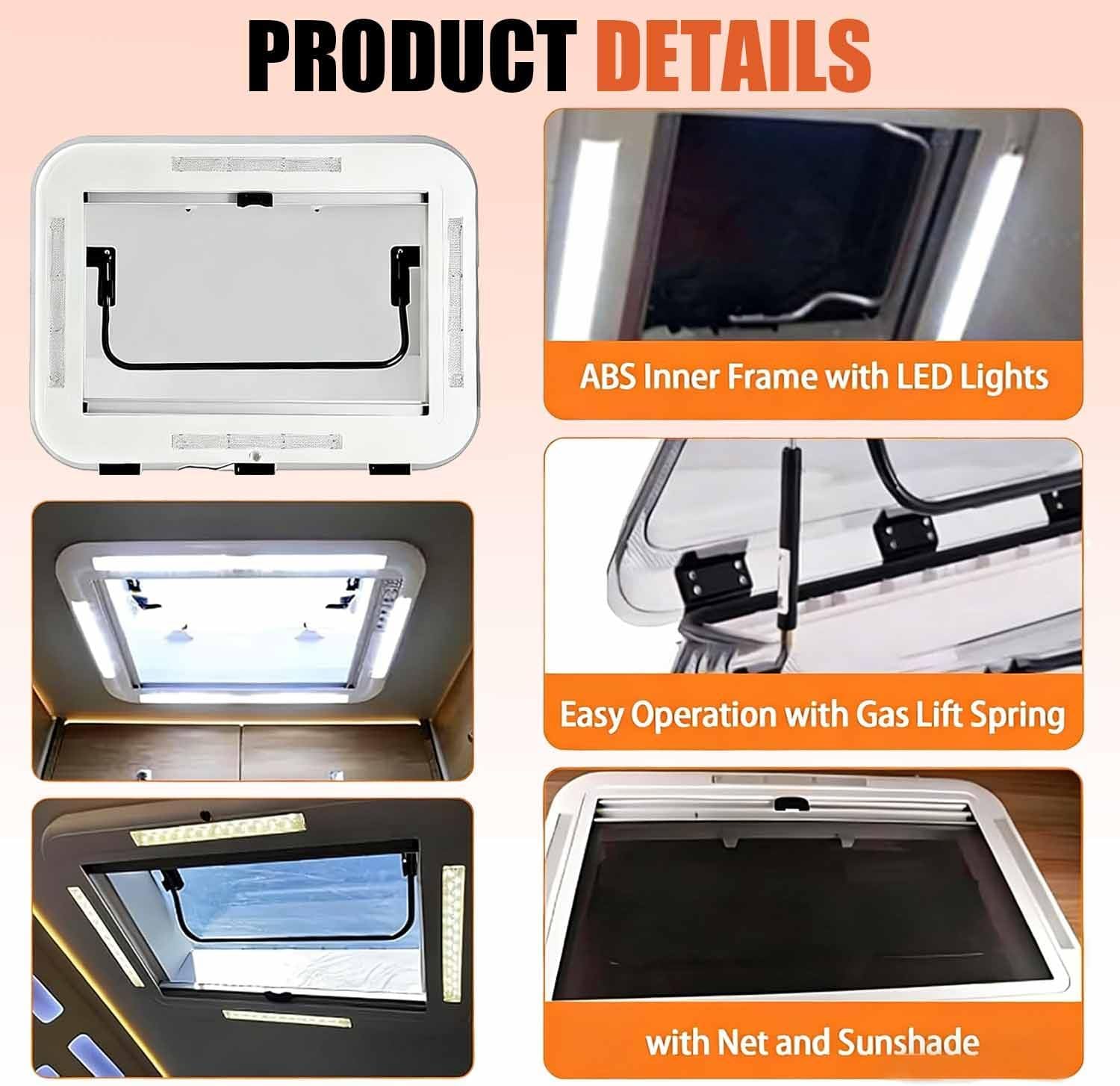 RV Roof Vent Kit, Caravan Roof Window Hatch, Universal Roof Hatch for Motorhome, with LED Light & Net, Fit for RV, Camper, Trailer and Modified Vehicle 19.7x19.7Inch
