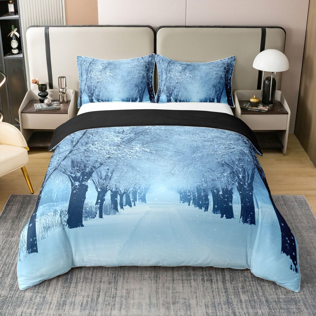 Erosebridal 100% Natural Cotton Winter Duvet Cover Queen, Blue Snow Snowstorm Bedding Set, Park Winter Landscape Scene Comforter Cover, Snowy Woodland Trees Bedroom Decor Soft Breathable Quilt Cover