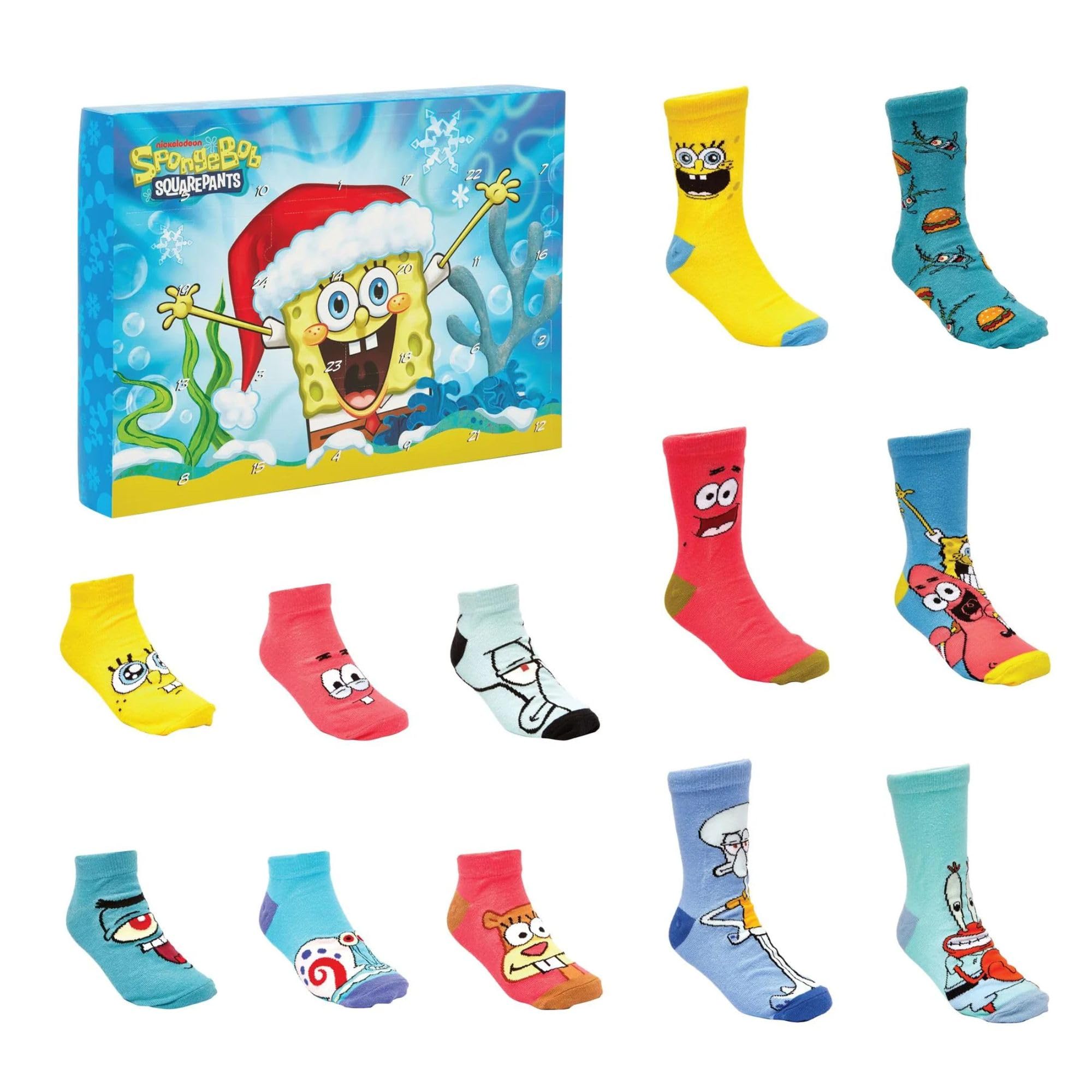 Spongebob Advent Calendar 2025 Kids Socks - Christmas Advent Calendar with 24 Days, 12 Pairs (1 Sock a Day) 31-34/ UK 12-2 Cotton Ankle & Trainer Socks, Character Designs for Christmas Countdown Gifts