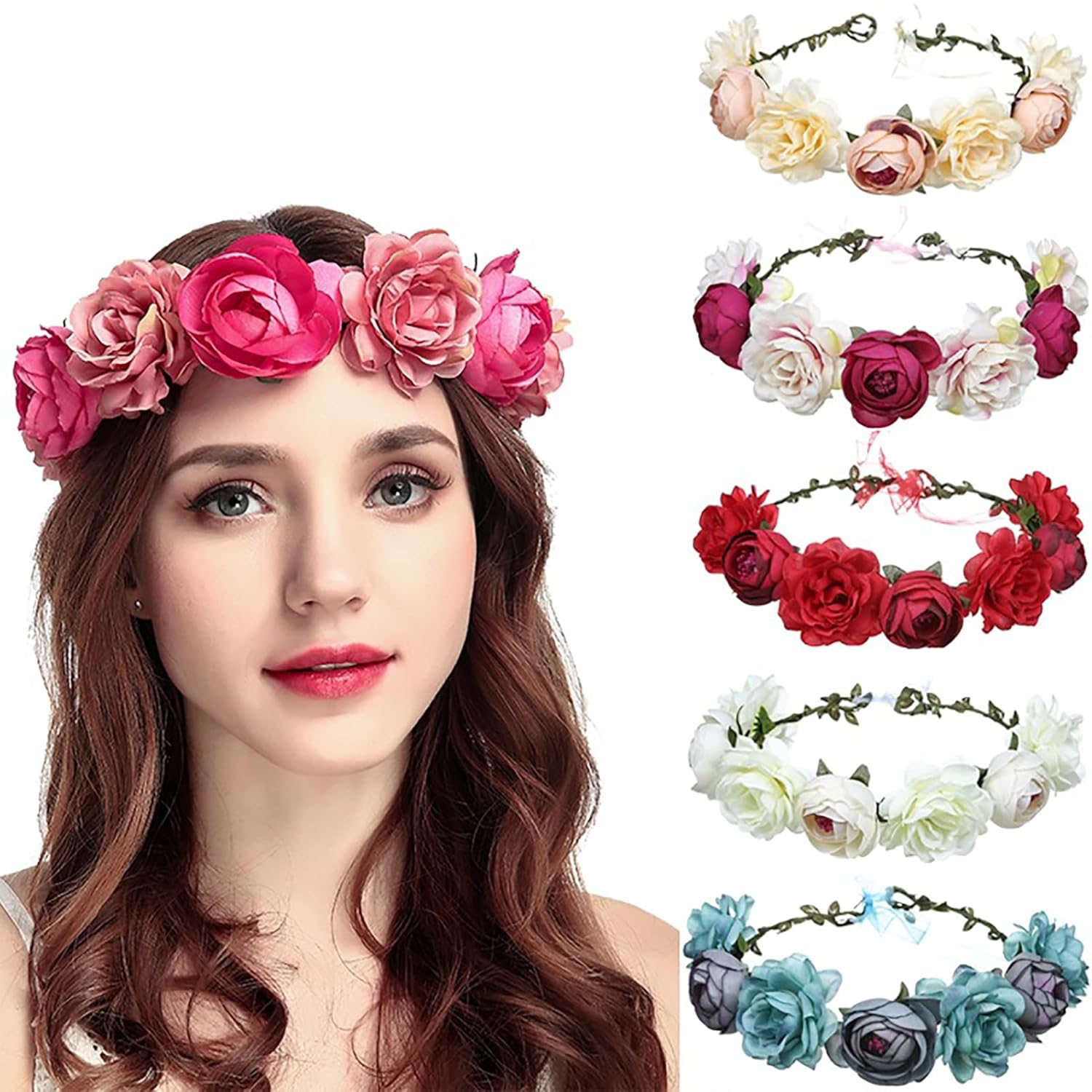Rose Floral Crown, Hair Wreath Leave Flower Headband with Adjustable Ribbon, Roses Flowers Headwear Fairy Crowns, Flower Crown Rose Headpiece Wedding Bridal Flowers Girl Halo Maternity Photo Props - Image 7