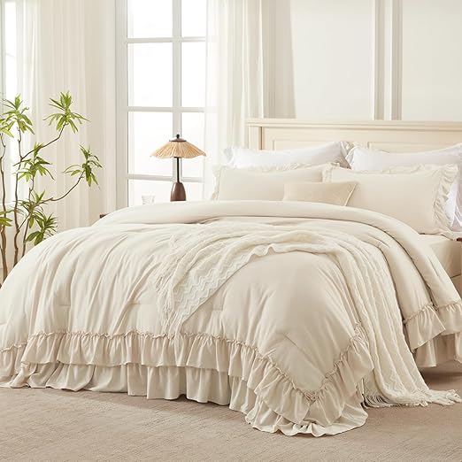 Andency Beige Twin Size Comforter Set, 2 Pieces Boho Lightweight Fluffy Ruffle Bedding Set & Collections, All Season Soft Microfiber Farmhouse Shabby Chic Bed Set for Kids (66x90In Comforter)