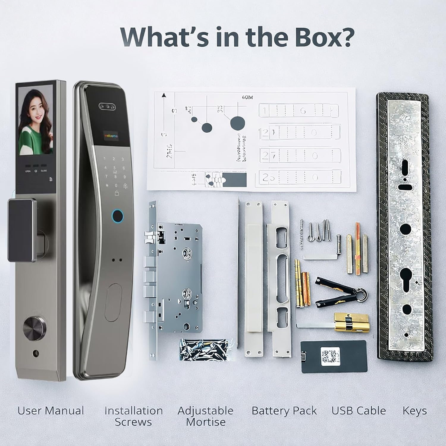 Smart Door Lock with Camera Display, Face Recognition, Fingerprint, Palm vin Scanner, Keypad, IC Cards, Keys, Silver