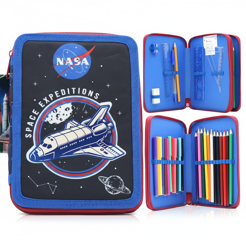 Diakakis NASA Double Compartment Pencil Case Filled with Stationery for Kids | School Supplies Colouring Pencils, Markers | Spacious 2-Zip Design | Durable & Lightweight Gift for Boys โ image 1
