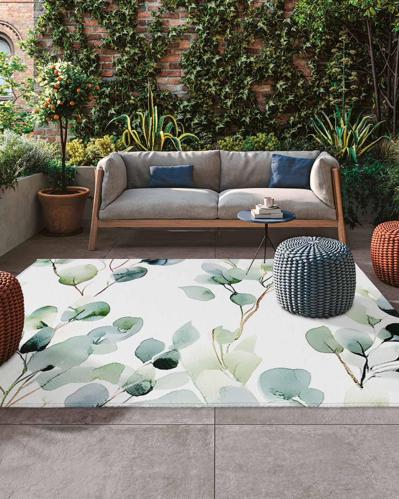 Tappeto per esterni con foglie di eucalipto, 1,2 x 1,8 m, non perde pelo, per cortile, portico e campeggio, grande tappeto country per interni, soggiorno e decorazione della terrazza