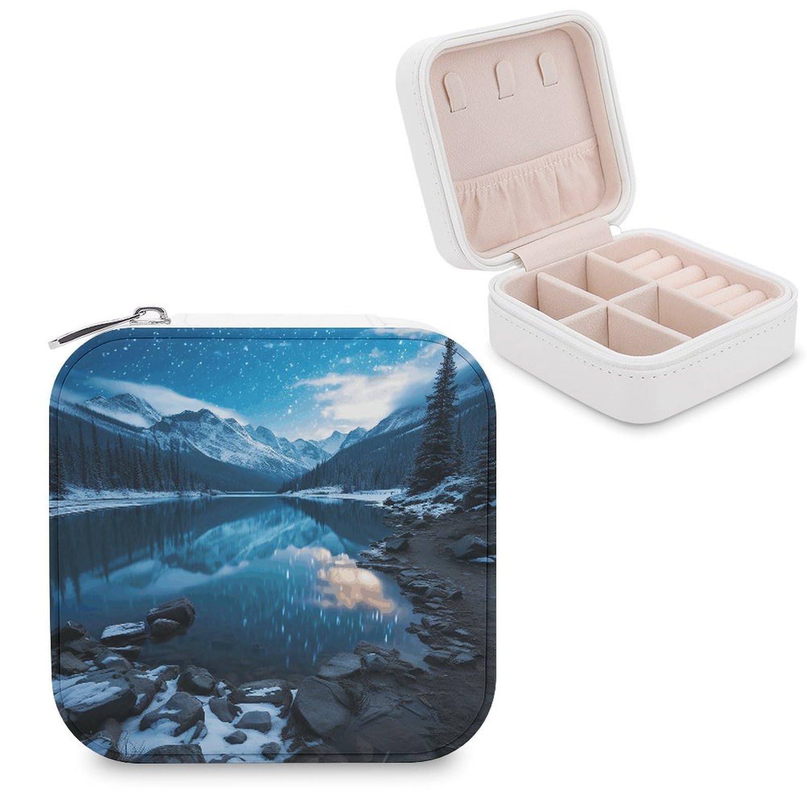 FekiLoot Moraine Lake in A Starry Winter Night Jewelry Case Personalized Leather Jewelry Box Mini Travel Jewelry Case Small Portable Jewelry Organizer for Ring Earrings Necklace Bracelet
