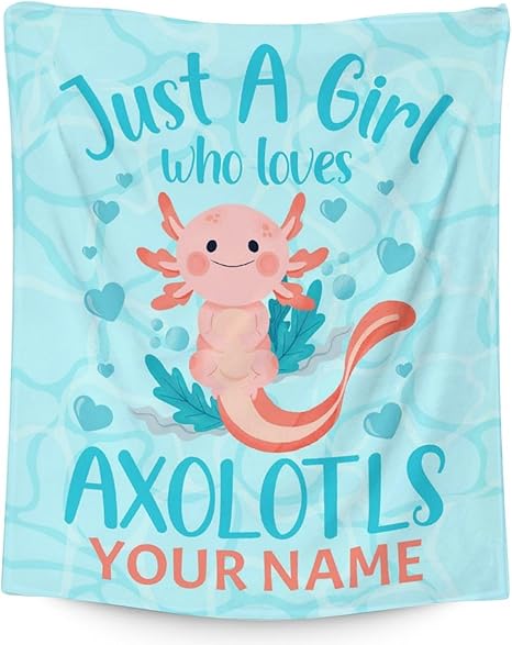 Girl Blanket - 50x60 Inches Personalized Cute Axolotl Throw - Blue Soft Fuzzy Blankets for Bed, Couch & Living Room