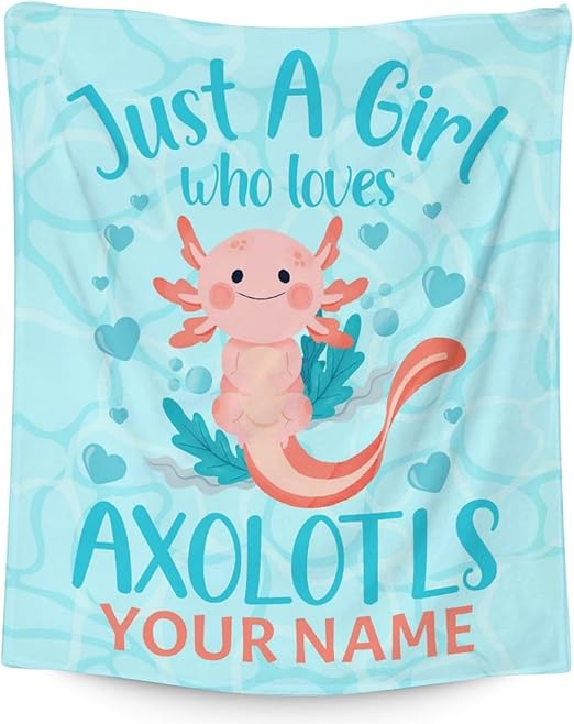 Girl Blanket - 50x60 Inches Personalized Cute Axolotl Throw - Blue Soft Fuzzy Blankets for Bed, Couch & Living Room