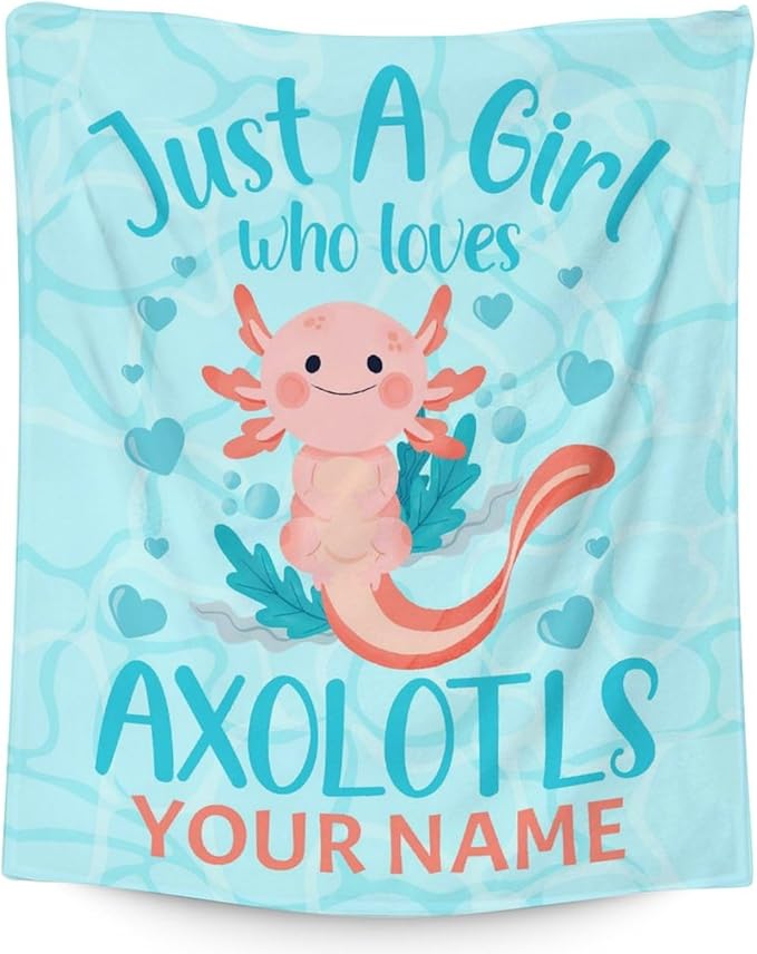 Girl Blanket - 50x60 Inches Personalized Cute Axolotl Throw - Blue Soft Fuzzy Blankets for Bed, Couch & Living Room