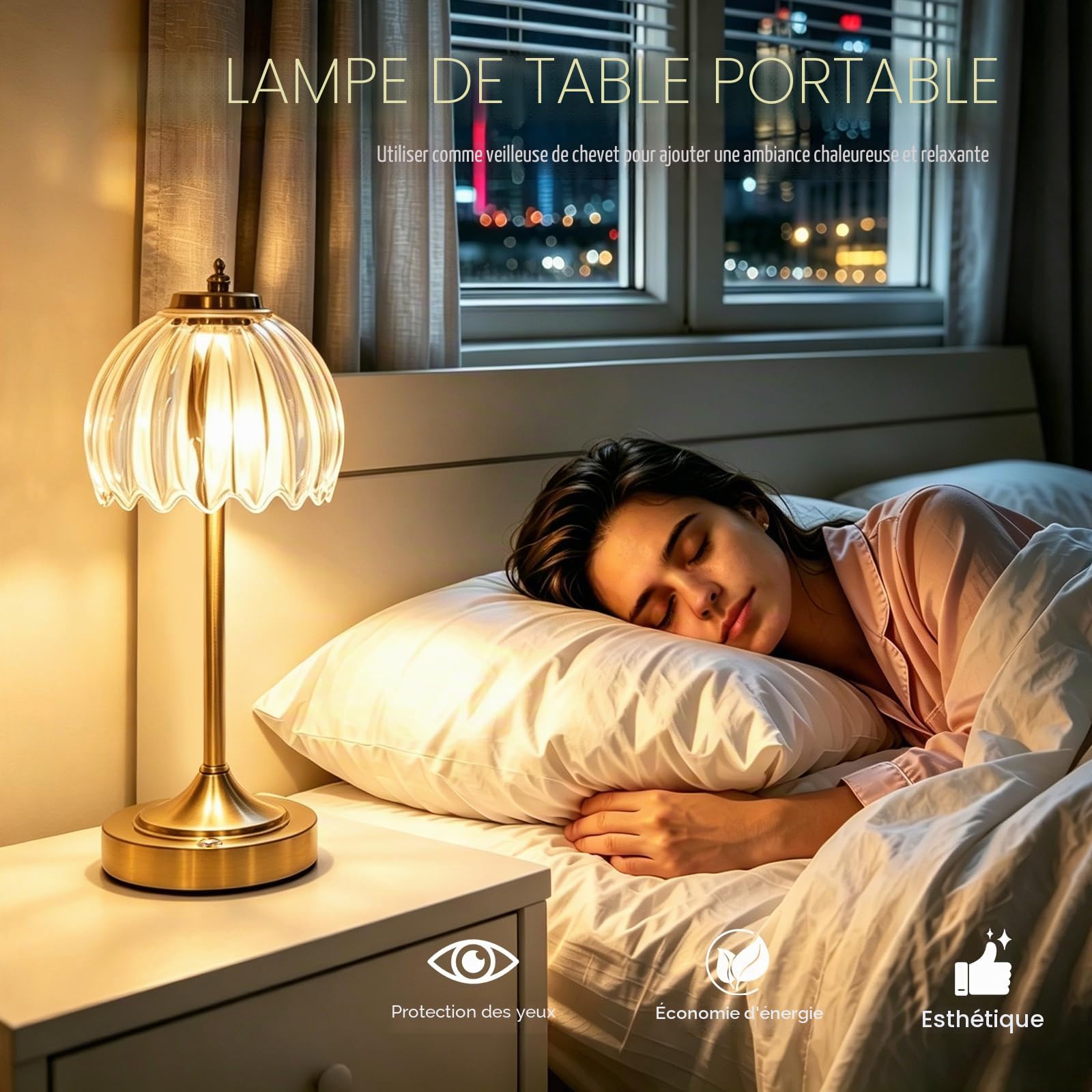 Lampe de Chevet LED Tactile, intensité variable, 3CCT, Vintage Lampe de table Sans fil Avec abat-jour en Verre Tulipe Rétro, Lampe de bureau Rechargeable, Petite Veilleuse pour Chambre Salon Chevet