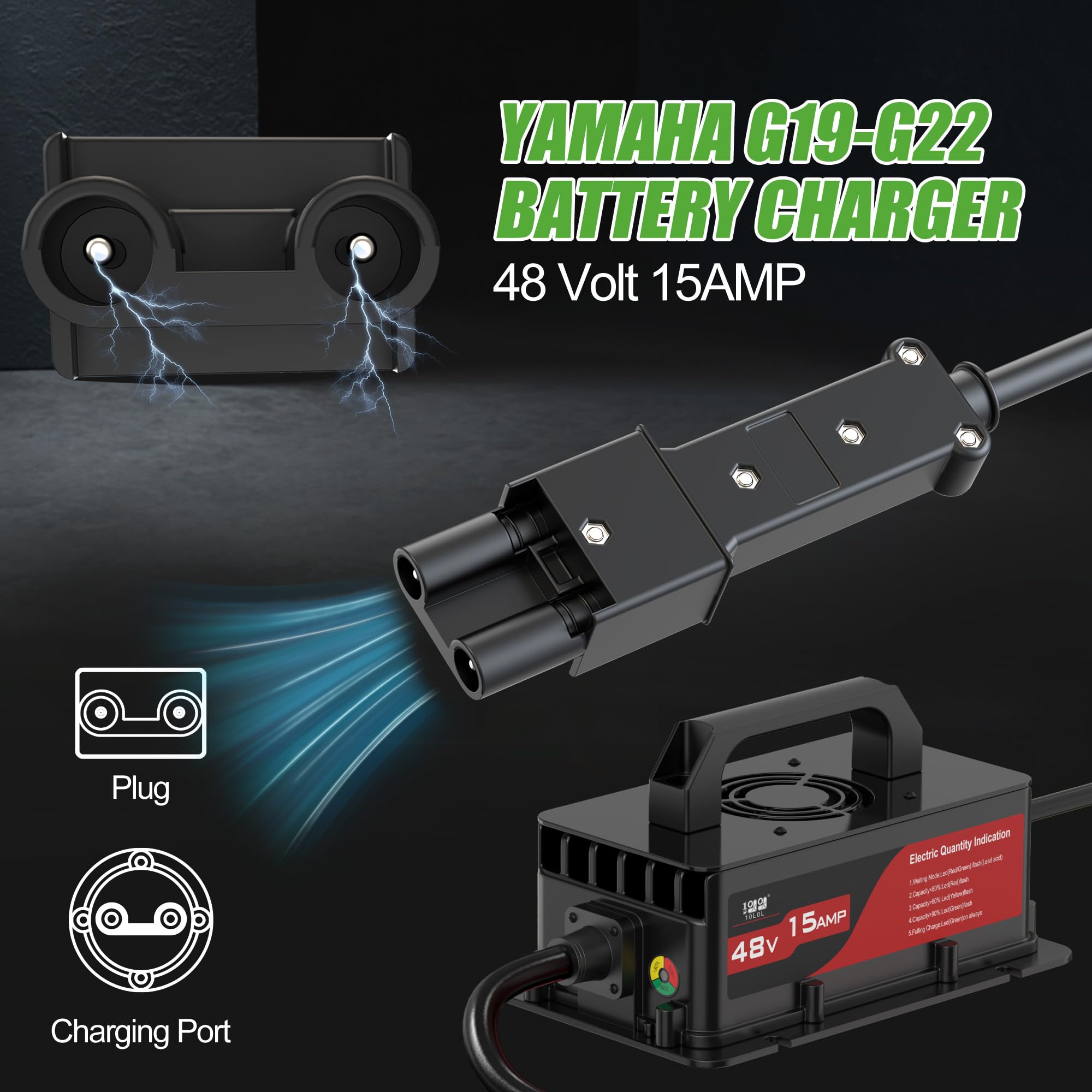 10L0L Cargador de batería de carrito de golf de 15 amperios y 48 voltios para carritos Yamaha G19/G2, cable de 16 pies con carga lenta, enchufe impermeable IP67 de 3 pines para batería de plomo-ácido