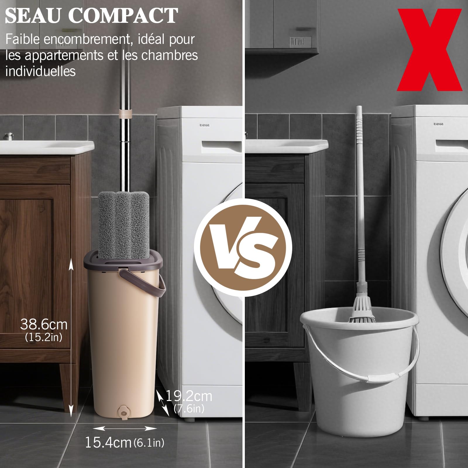 MASTERTOP Balai Plat Microfibre et Seau Essoreur, Serpillère Rotative 360° et Seau de Système Auto-Lavage pour Nettoyage de Sol Humide & Sec, avec 4 Tampons (Beige)