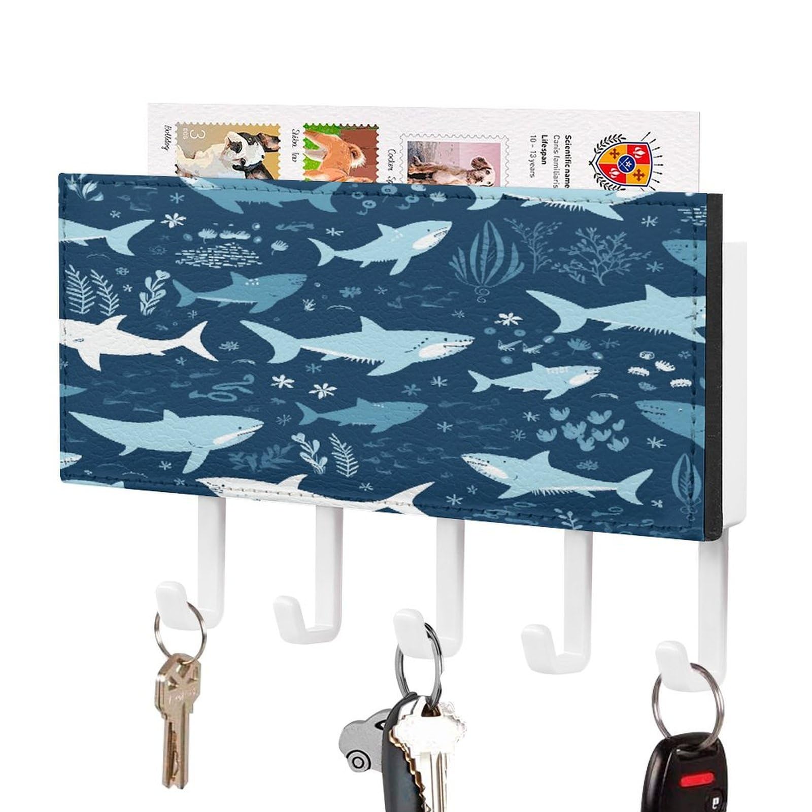 FekiLoot Sharksm Key Holder for Wall Decorative,2 Installation Ways Keys Hanger Keys Holder Wall Mount Hanging Key Hooks with Mail Organizer for Wallet House Accessories