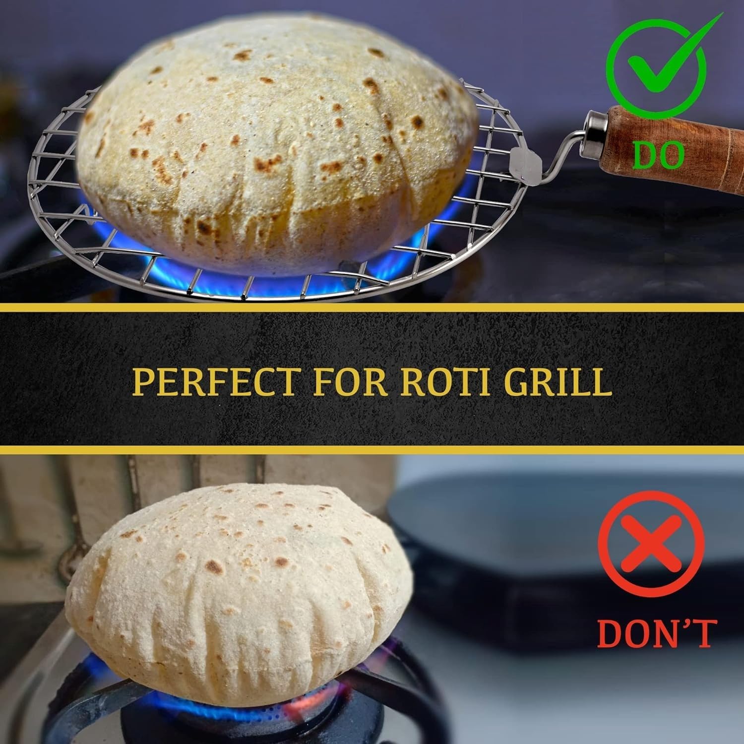 CozyCrest Round Roaster Papad Jali Roast, Paneer Grill, Roti Maker, Barbeque Jali Roaster Chapati Toast Grill Wooden Handle Vegetable tandoor net, 4