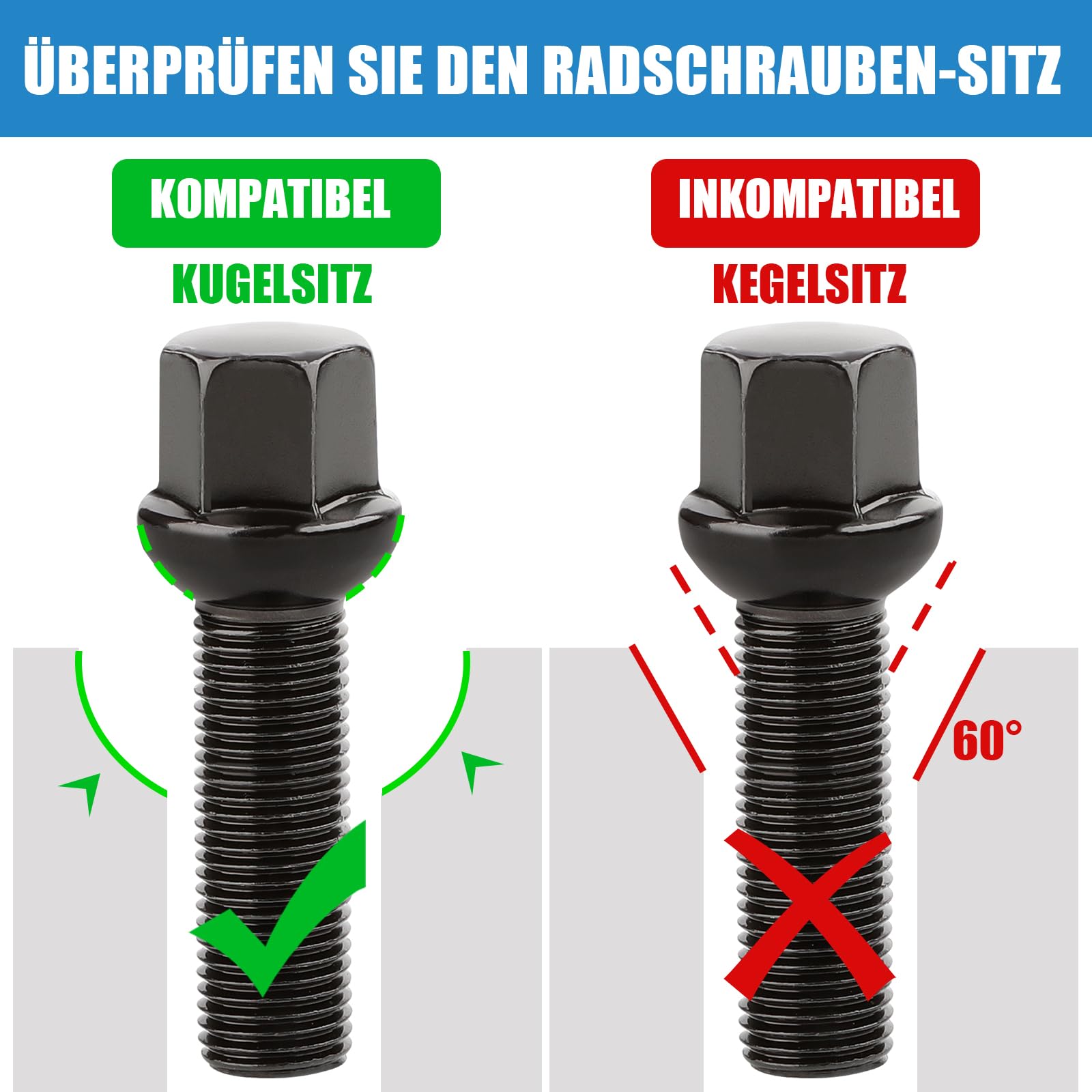 Kit 20 Bulloni Ruota Filetto Lungo 40mm per Distanziali Ruota I M14x1,5x40mm I Testa Sferica R13 I Chiave 17mm I Compatibili con originali cerchi in lega Audi e VW