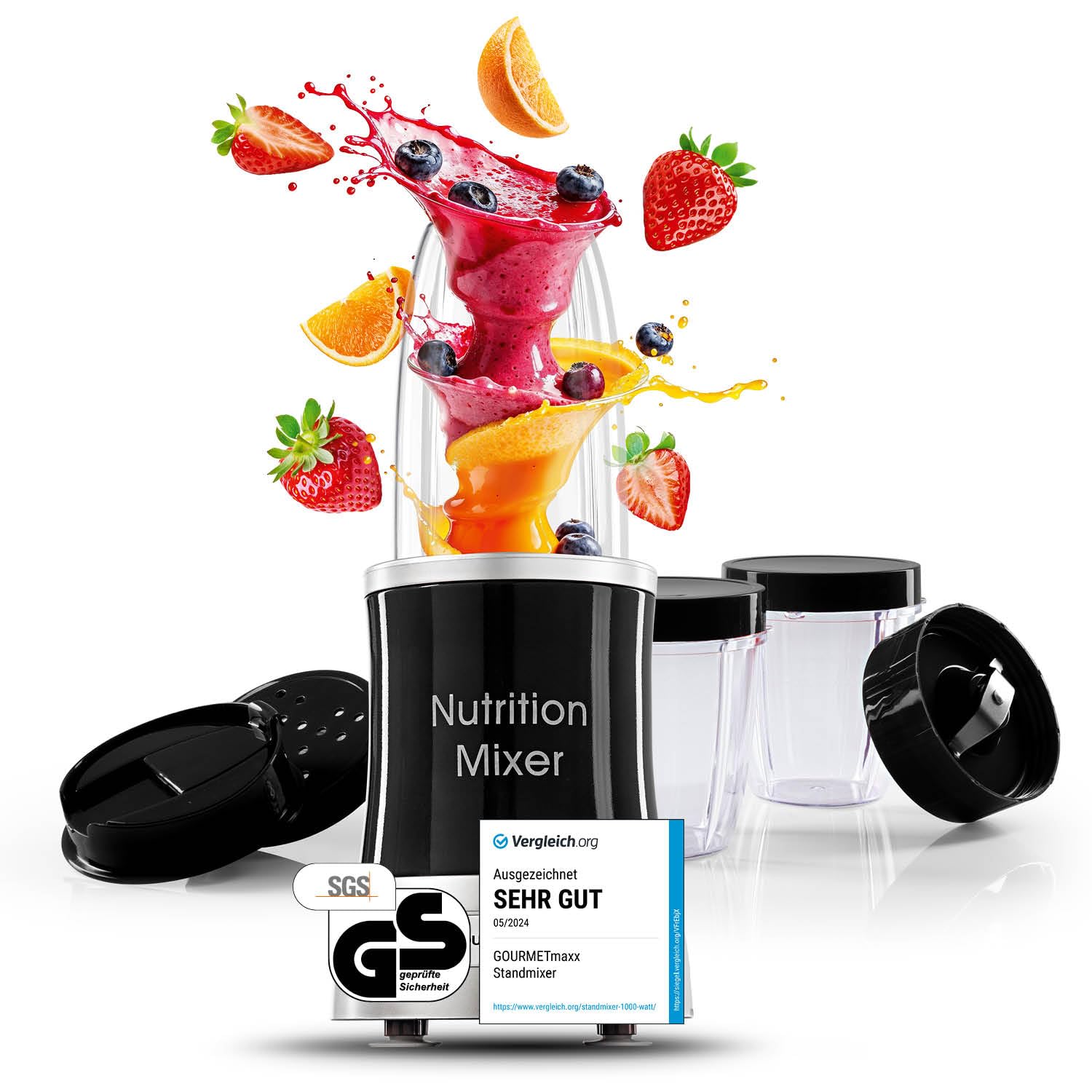 GOURMETmaxx Nutrition Mixer | Smoothie Maker mit XXL-Zubehörset | Standmixer 11-tlg. | Blender mit Rezepten, To go & Frischhaltedeckeln | Food Processor für Smoothies, Shakes & Co.