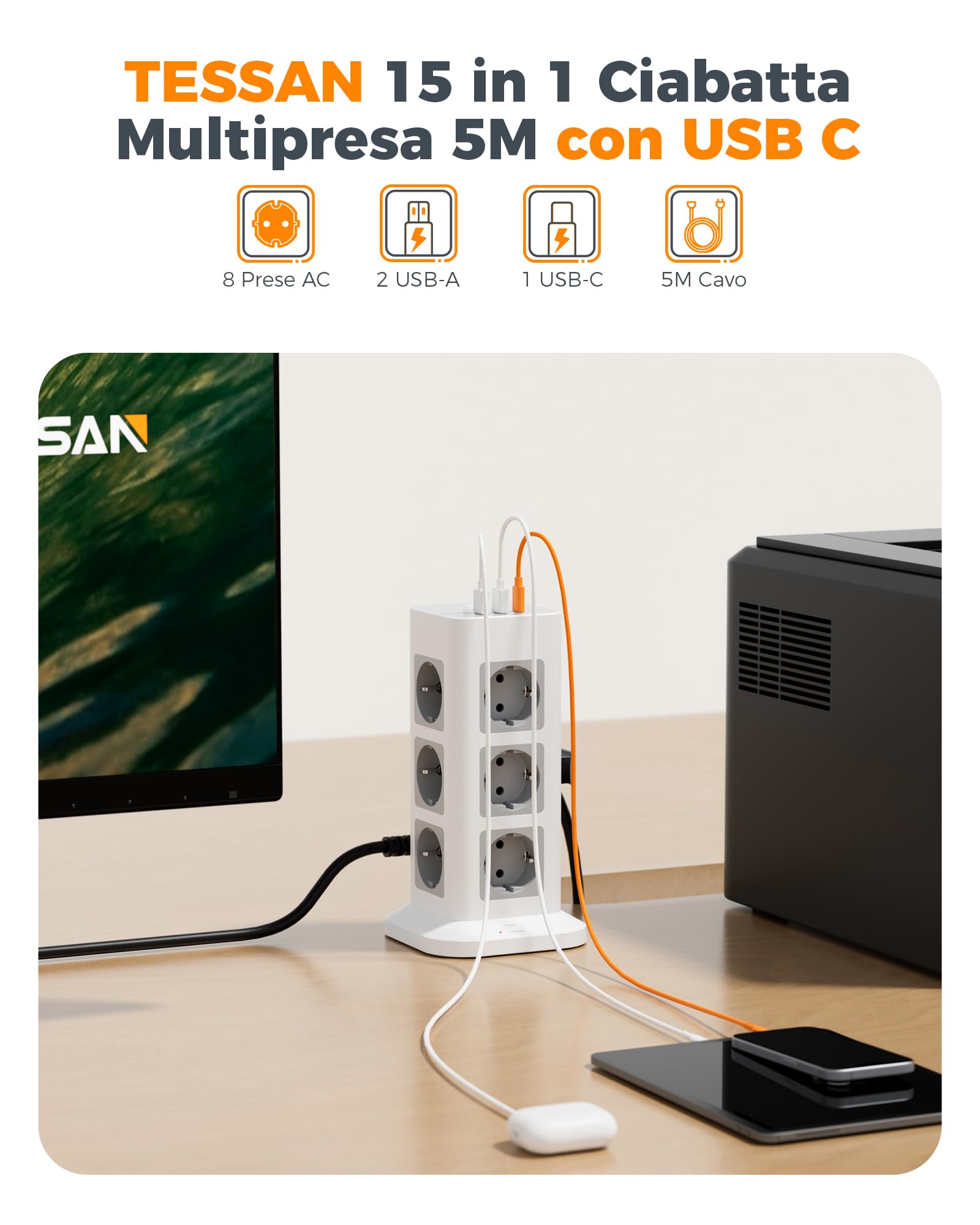 TESSAN 12 Prese Ciabatta Multipresa con USB, Multipresa Elettrica con Cavo 5M, Torretta Presa con USB C, Ciabatta Elettrica con Protezione Sovratensione