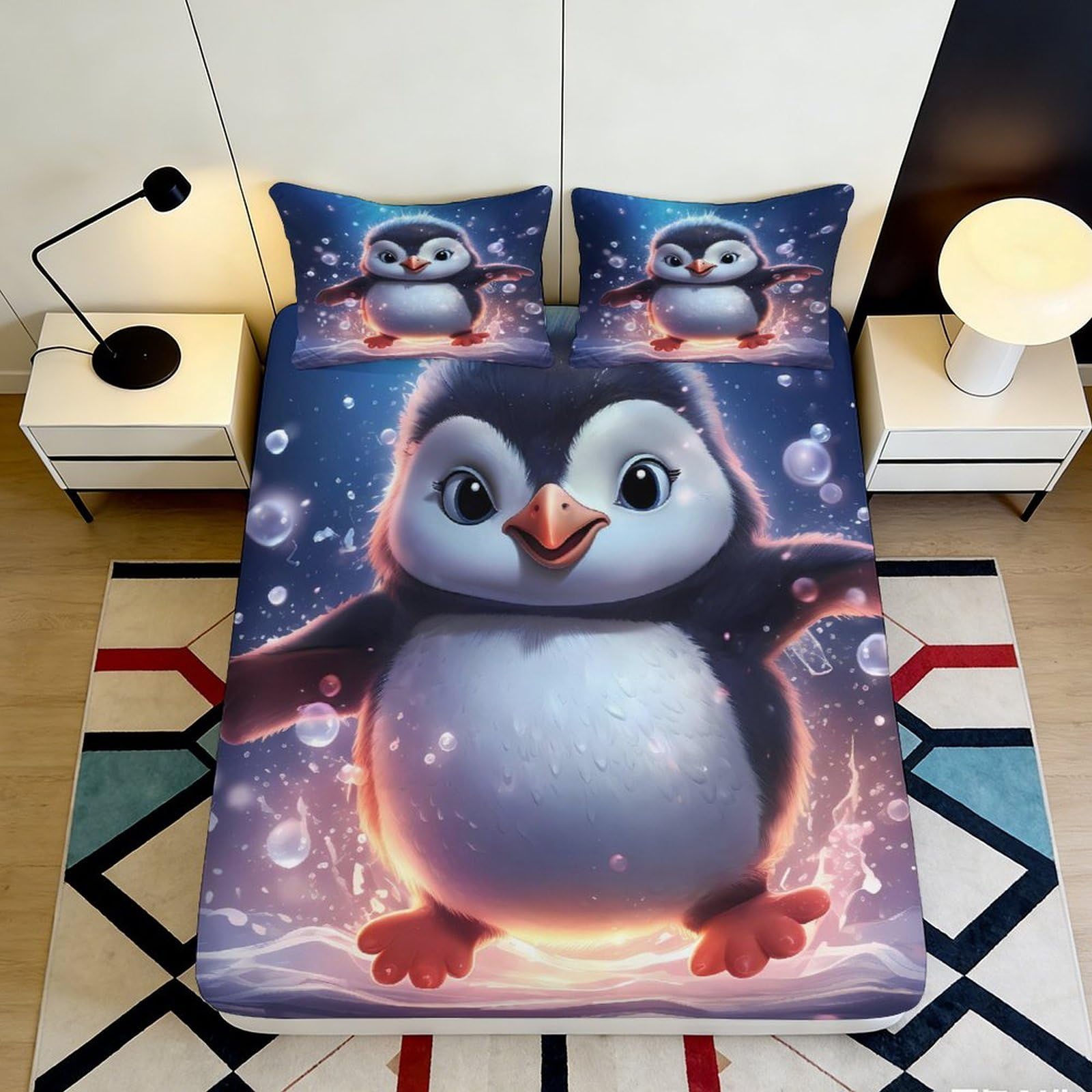 3D Printed Cute Penguin Fitted Sheet Microfiber Soft Non-Slip Cartoon Animal Mattress Cover for Bedroom Guest Room 90x200x25cm