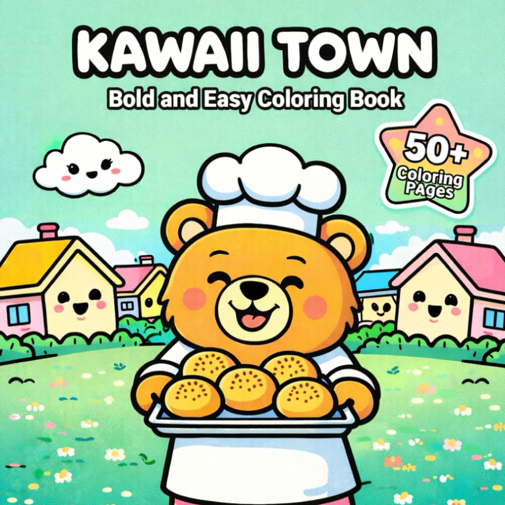 Kawaii Town: Bold and Easy Coloring Book – Simple and Cute Designs for Kids and Beginners: 50+ Adorable Illustrations of Cozy Animal Friends, Tiny ... Scenes with Thick Lines for Stress Relief