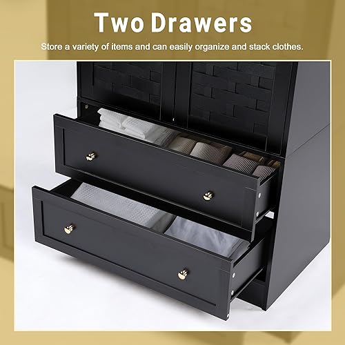 Miniatura 7 de LEVNARY Armario con 2 puertas tejidas, armario con 2 cajones de almacenamiento y riel para colgar, armario de madera independiente para dormitorio