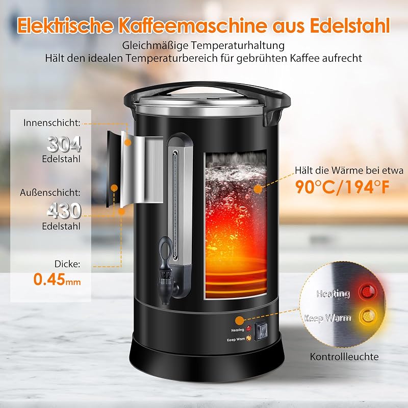Homtone 18L Rozsdamentes Kávéfőző 120 Csészéhez, 1500W Professzionális Szűrős Kávégép