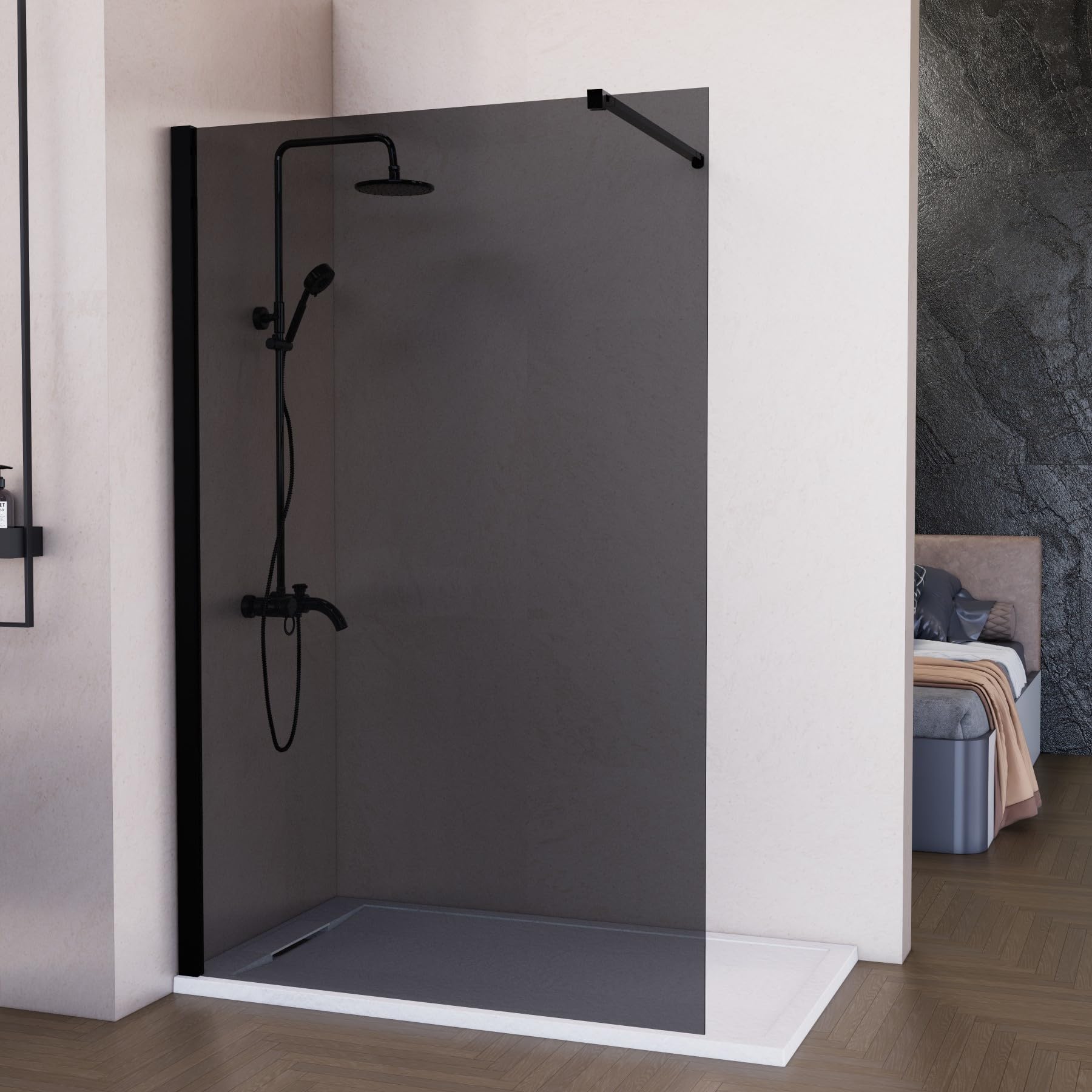 Mampara de Ducha Fija Negra 100 x 200 cm Ahumada, Cristal Templado Translucido 8 mm con Antical, Panel Walk In Reversible para Baño Moderno