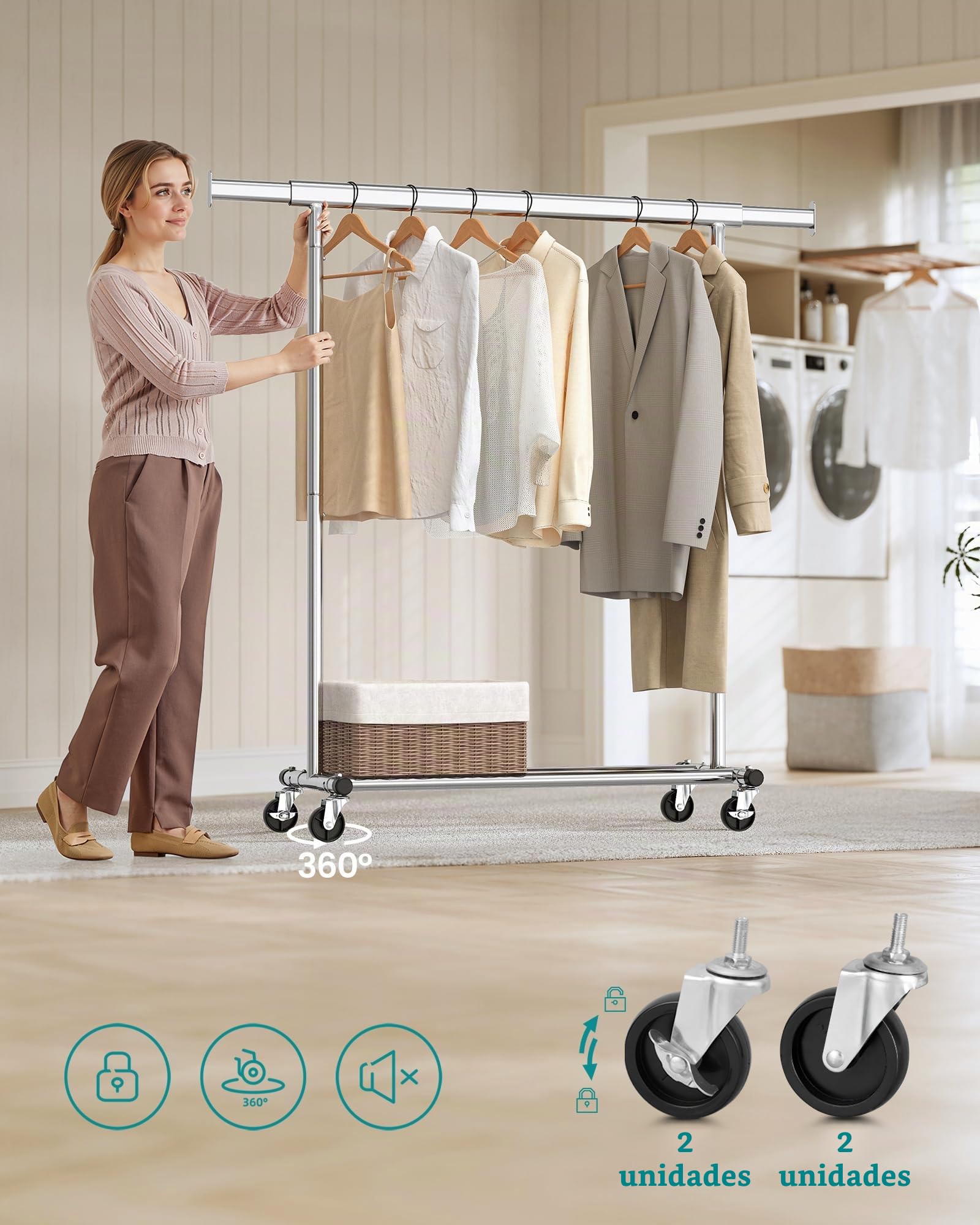 SONGMICS Juego de 20 Perchas, Perchero con Ruedas, Percha de Madera Maciza, Barra Extensible, Gancho Giratorio 360°, Plata, Natural y Plata HSR013S01