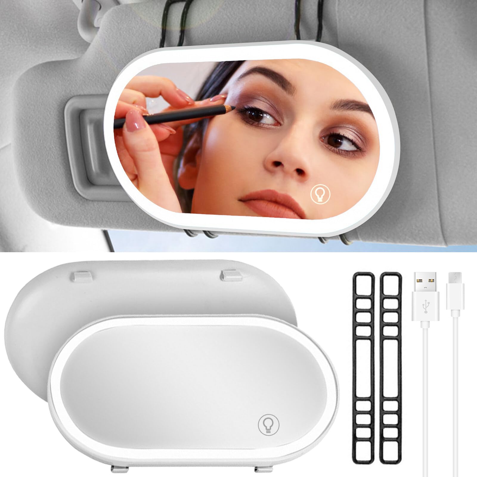 Kytpyi Espejo Parasol Coche, Espejo Maquillaje Con Luz para Coche, Espejo para Coche con Cable Carga 2 Correas de Silicona Recargable Resistente a Arañazos, Espejo Maquillaje Coche Portátil (Gris)