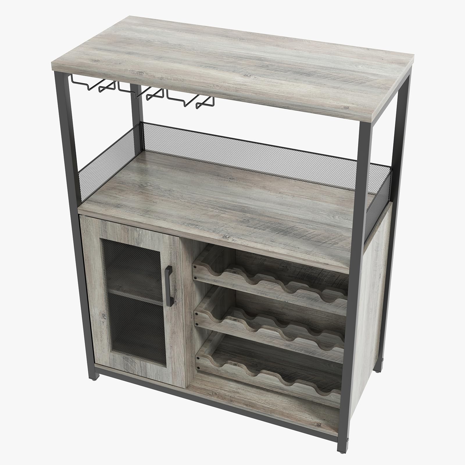 Aptliton Industrial Wine Rack Cabinet with Glass Holder, Rustic Bar Cabinet with Storage Door, Adjustable Shelves & Feet, Metal Frame Wine Storage Sideboard for Living Room Kitchen