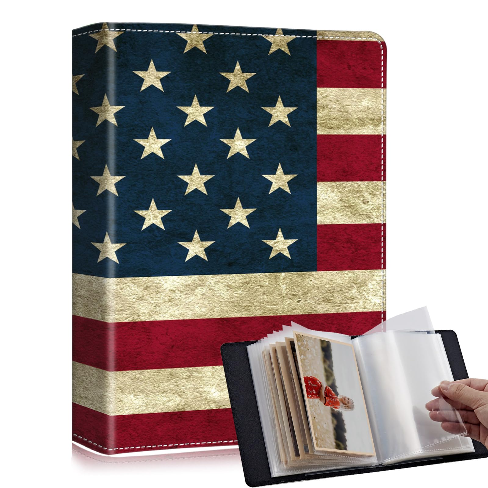 RMJKXQZG - 4x6 small photo album with 60 pockets for 240 photos, strong elastic band, HD cover, baby, wedding, family albums, antique american flag theme
