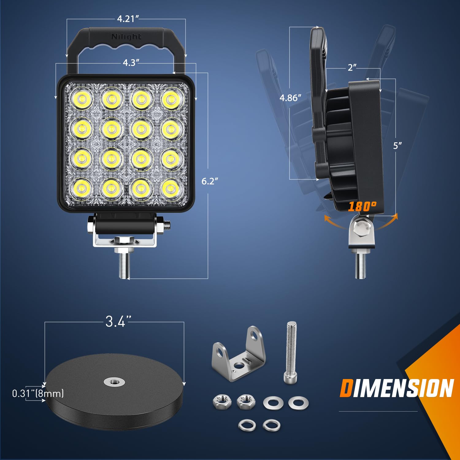 Nilight LED Lichtleiste 4 Zoll 48W, quadratisches tragbares Flutlicht mit Zigarettenanzünder, Kabelsatz & Magnetfuß, 16 LEDs, Arbeits- & Nebelscheinwerfer für LKW, Traktor, Golfcart, UTV