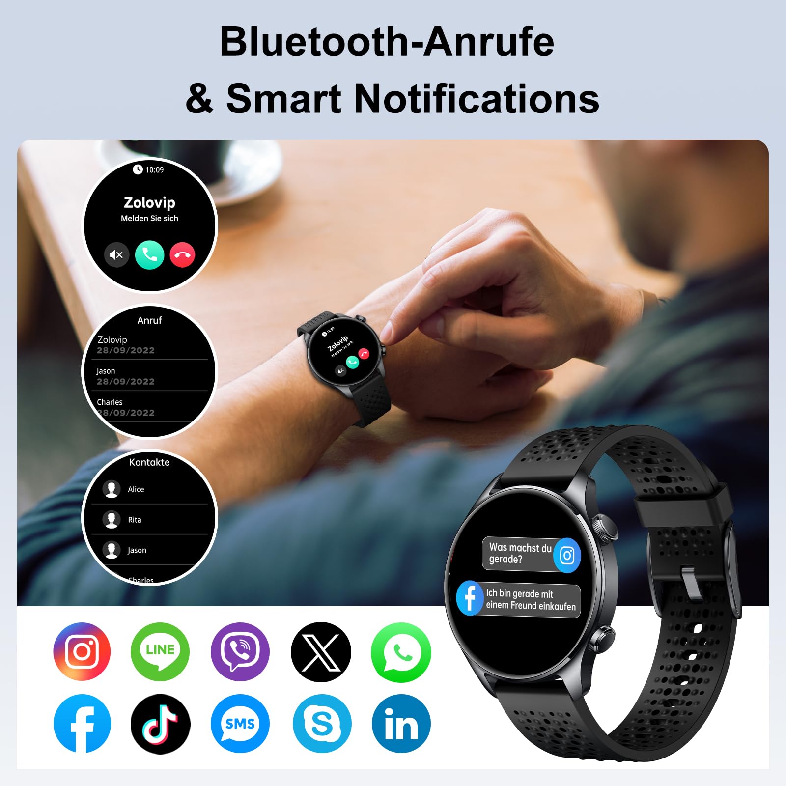 Smartwatch Herren mit GPS 30m Wasserdicht, Laufuhr für Android und iOS Blau | Herren Fitness Uhr Bluetooth Anruf Zolovip 1,44 Zoll AMOLED Rundes Display, Herzfrequenz/Schlaf/SpO2-Monitor, 100+ Sportmodi