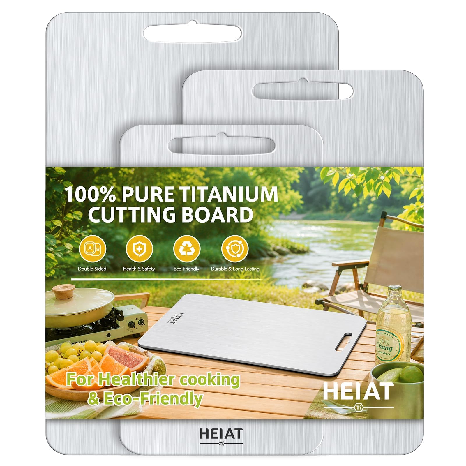 HEIAT 100% Titanium Cutting Board Set of 3, Double-Sided Kitchen Boards | 3-Piece Multi-Size Set One-Piece Pure Titanium Reversible Double-Sided Design Dishwasher Safe Gift-Ready Packaging