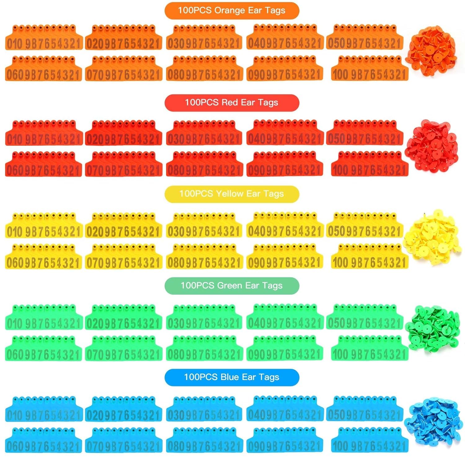 Kolczyki identyfikacyjne ABS dla zwierząt hodowlan Plastikowe kolczyki dla zwierząt gospodarskich Wielokolorowe Wiele rozmiarów, ponumerowane 001-500 100 szt(Yellow 6 * 7.5cm (2.36 * 2.95in),101-200)