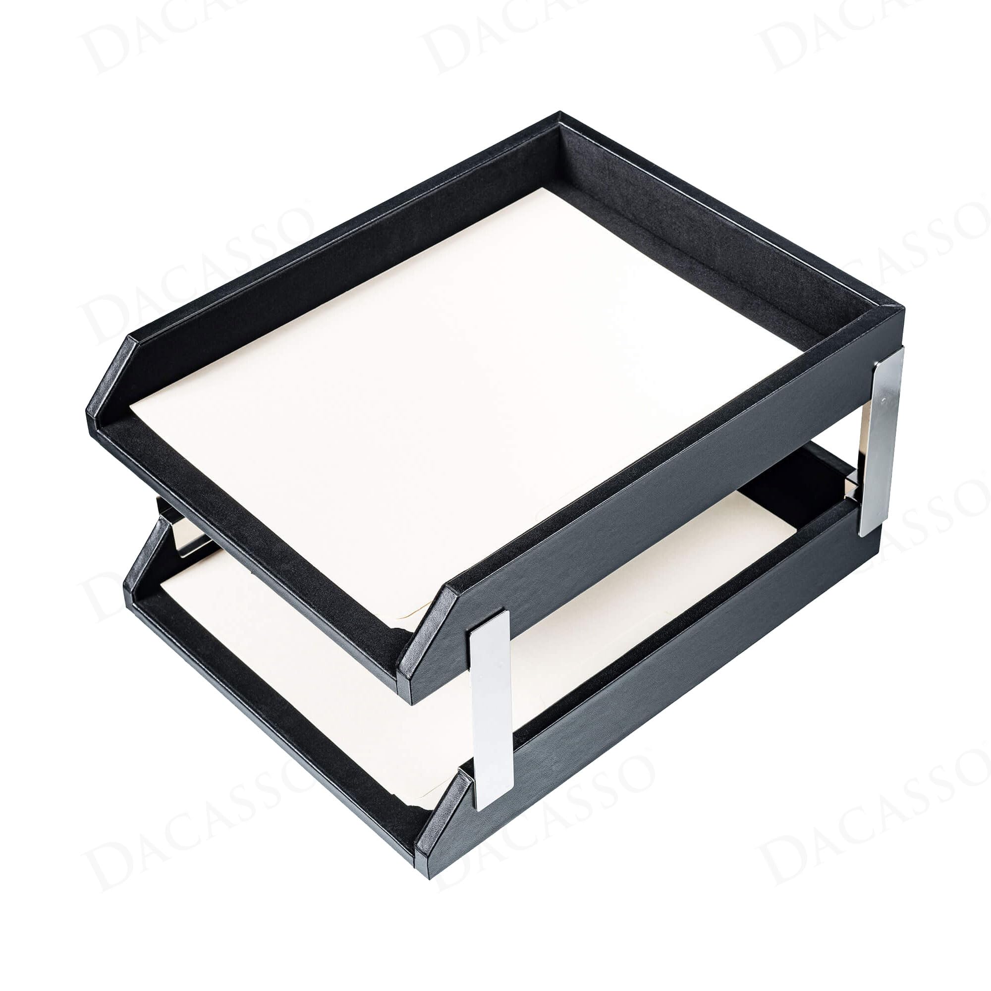 Dacasso Classic Black Leather Front-Load Double Letter Tray Set w/Silver Stacking Posts - Luxury Executive Decor and Office Essential - Desk Surface Protector