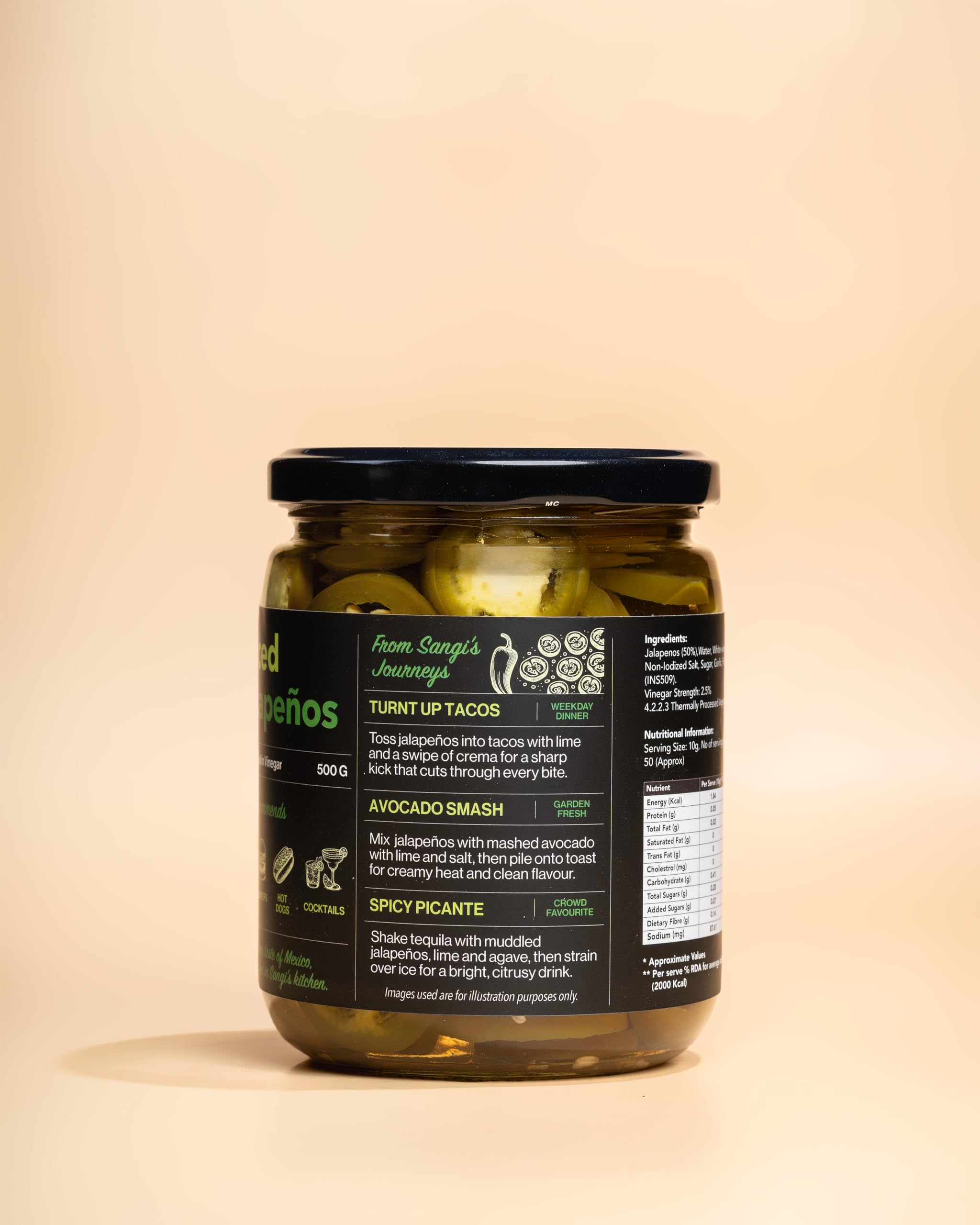 SANGI'S KITCHEN Sliced Jalapenos 500g - Mexican Style Pickled Jalapenos in White Vinegar | Heat Forward & Clean | Ready to Eat | For Tacos, Burgers & Cocktails | Glass Jar 1