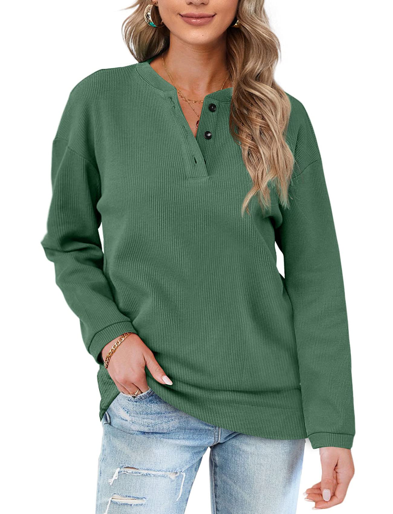 OFEEFAN Womens Casual Sweatshirts Henley Button Up Long Sleeve Tunic Tops, 05-green, Large