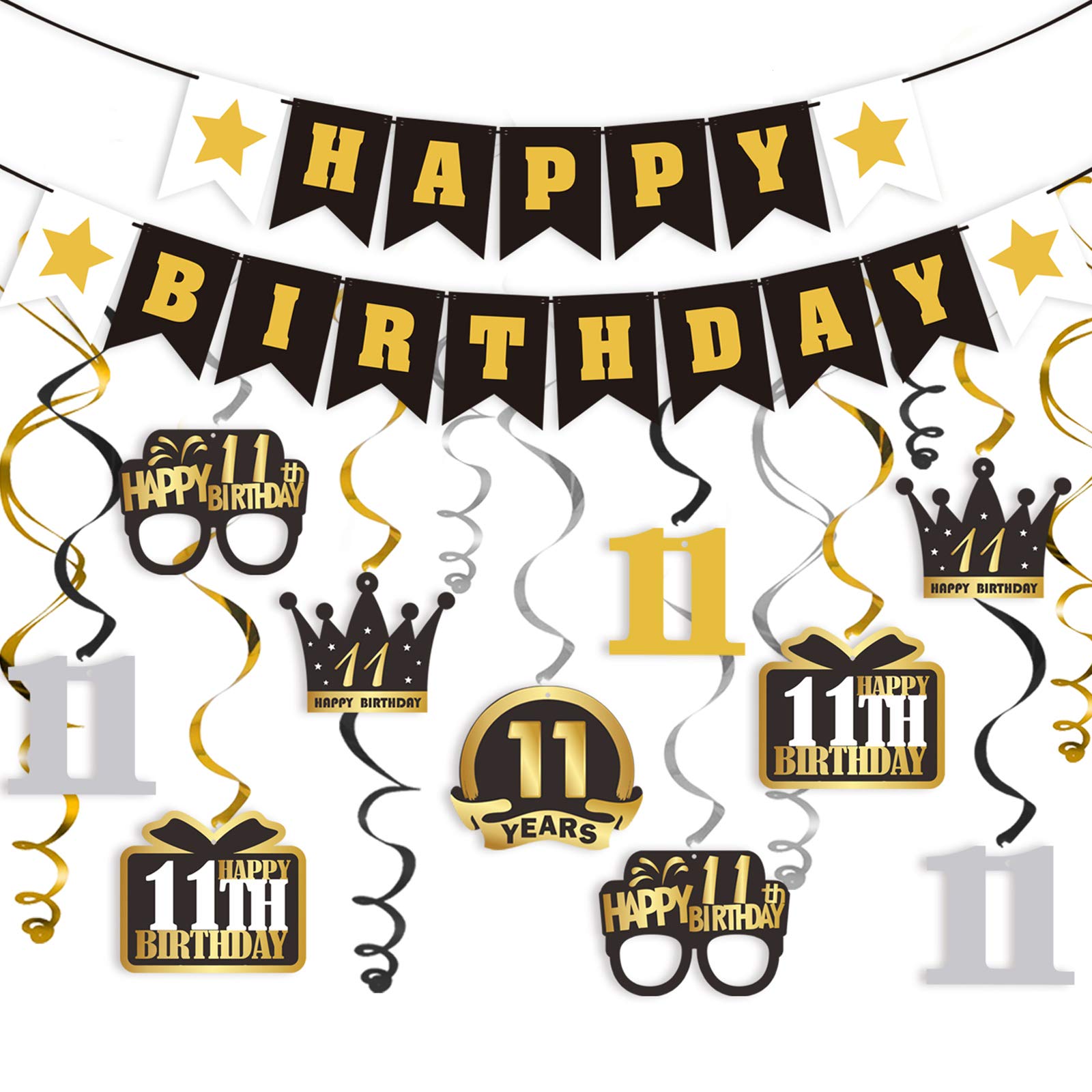 LINGTEER Happy 11th Birthday Decorations Set - 12Pcs Black & Gold Swirls Streamer with Happy Birthday Bunting Banner,Cheers to Eleven Years Old Bday